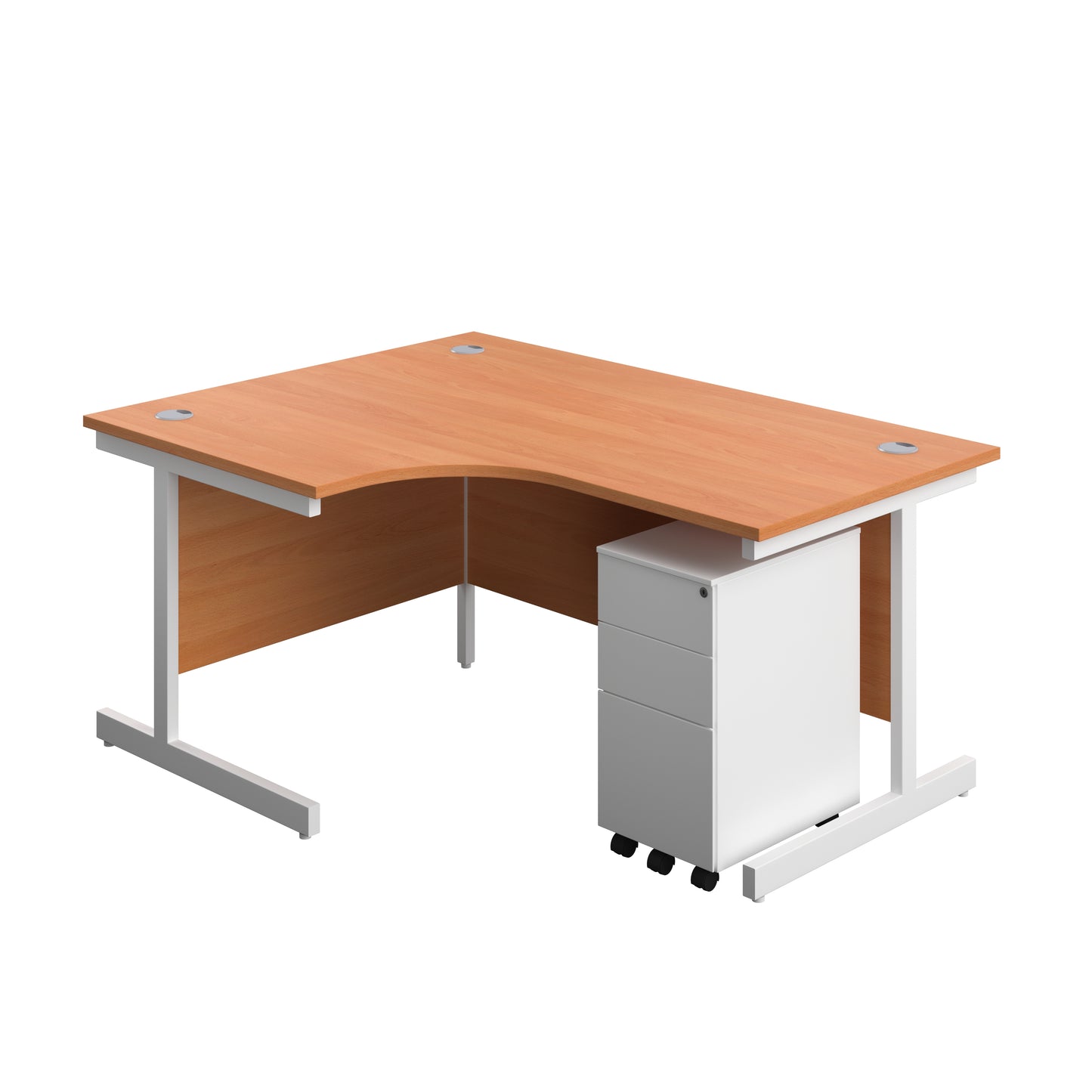 Aztec|Single Upright|Left Hand|Radial Desk with 3 Drawer Slimline Steel Pedestal|1600x1200|Beech-White