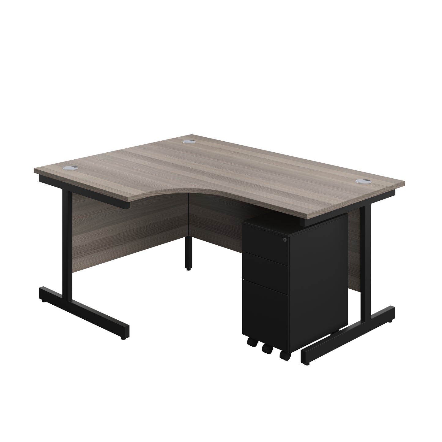 Aztec|Single Upright|Left Hand|Radial Desk with 3 Drawer Slimline Steel Pedestal|1600x1200|Grey Oak-Black