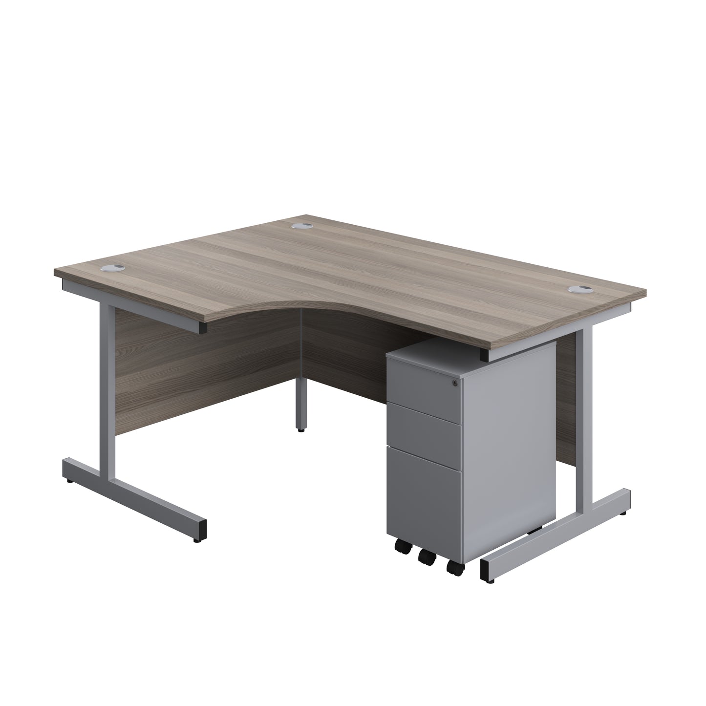 Aztec|Single Upright|Left Hand|Radial Desk with 3 Drawer Slimline Steel Pedestal|1600x1200|Grey Oak-Silver
