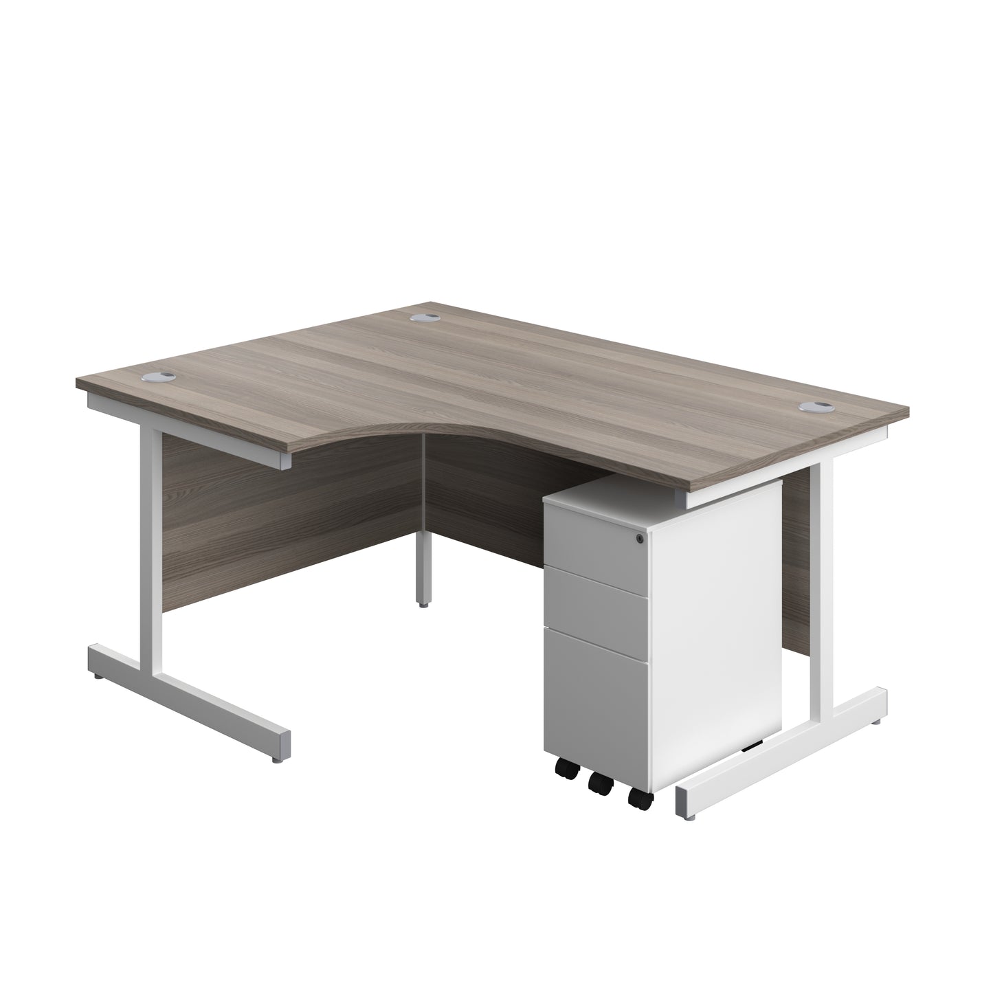 Aztec|Single Upright|Left Hand|Radial Desk with 3 Drawer Slimline Steel Pedestal|1600x1200|Grey Oak-White