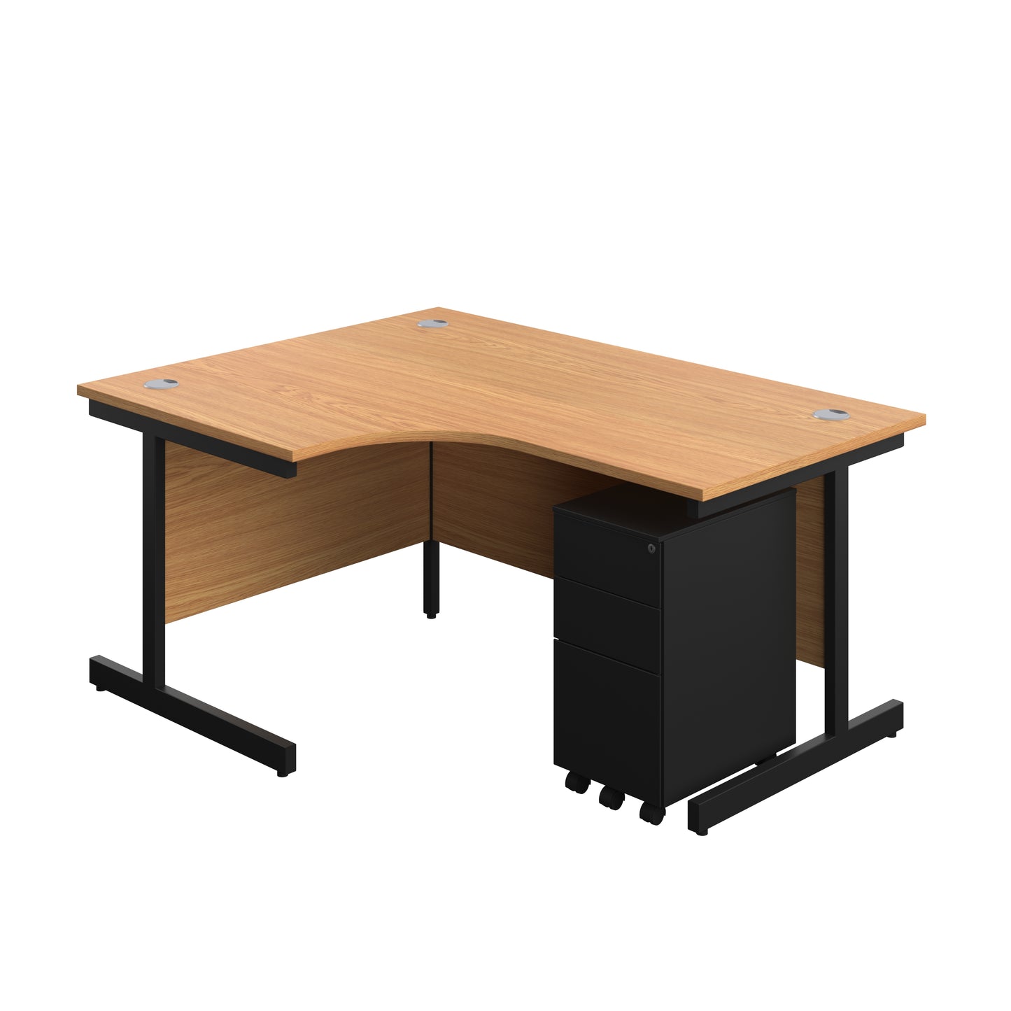 Aztec|Single Upright|Left Hand|Radial Desk with 3 Drawer Slimline Steel Pedestal|1600x1200|Nova Oak-Black