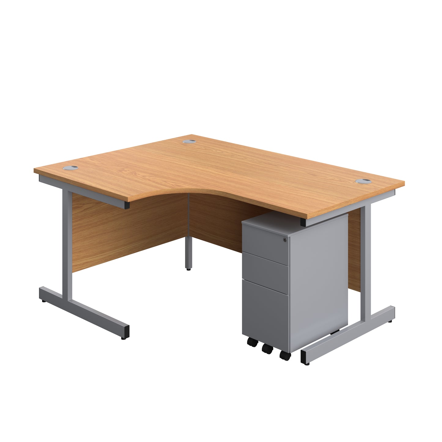 Aztec|Single Upright|Left Hand|Radial Desk with 3 Drawer Slimline Steel Pedestal|1600x1200|Nova Oak-Silver