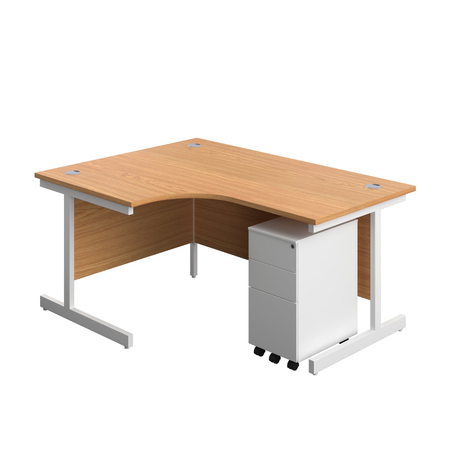 Aztec|Single Upright|Left Hand|Radial Desk with 3 Drawer Slimline Steel Pedestal|1600x1200|Nova Oak-White