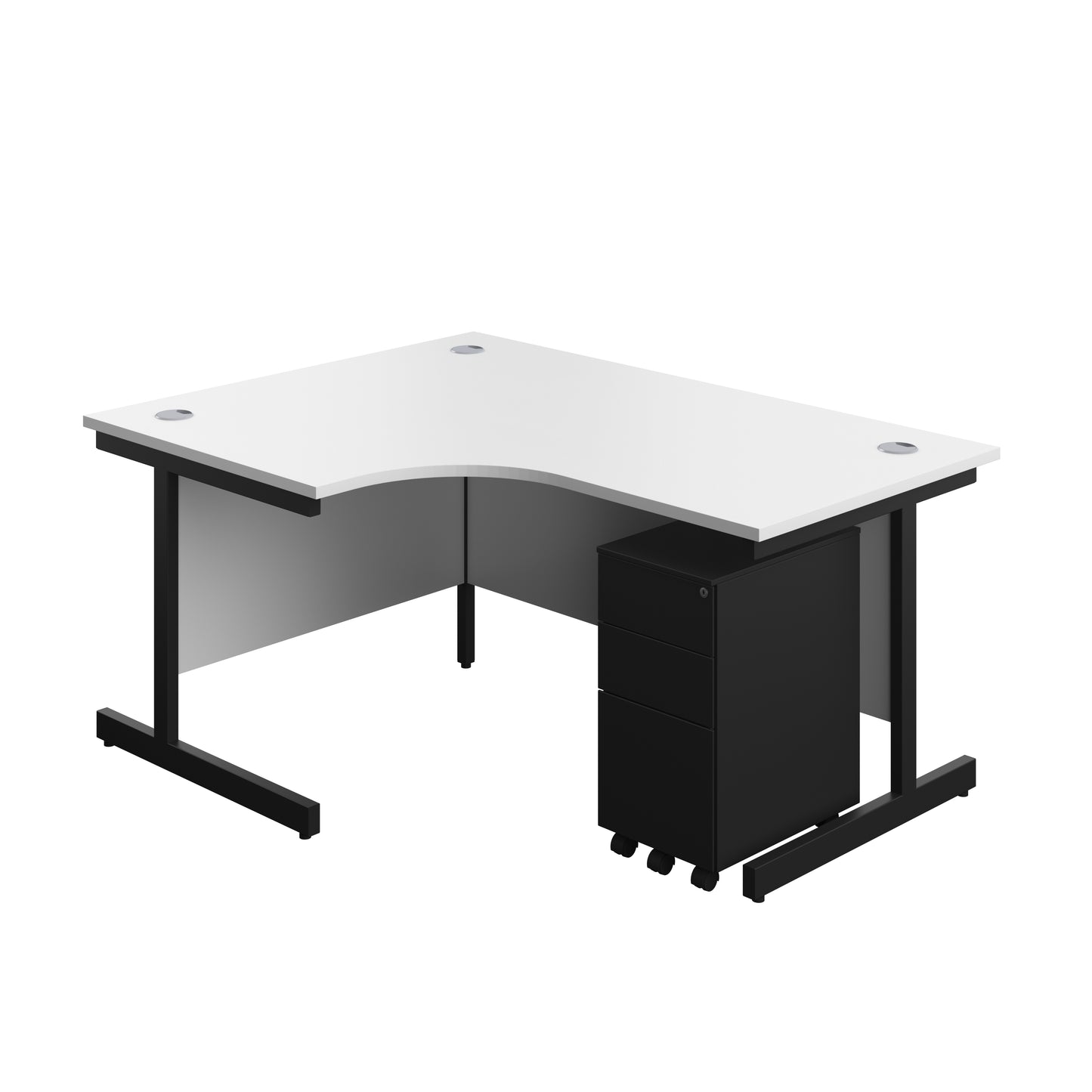 Aztec|Single Upright|Left Hand|Radial Desk with 3 Drawer Slimline Steel Pedestal|1600x1200|White-Black