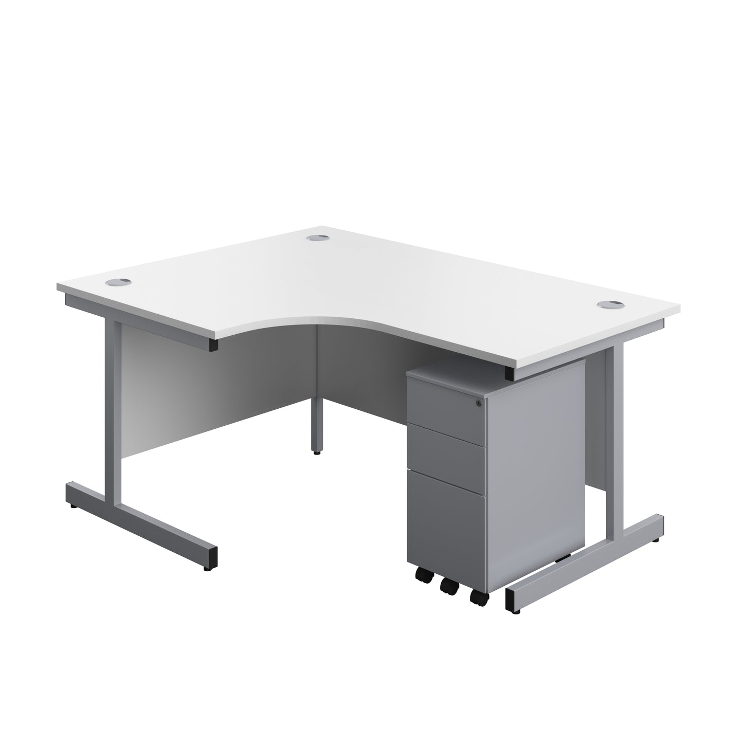 Aztec|Single Upright|Left Hand|Radial Desk with 3 Drawer Slimline Steel Pedestal|1600x1200|White-Silver