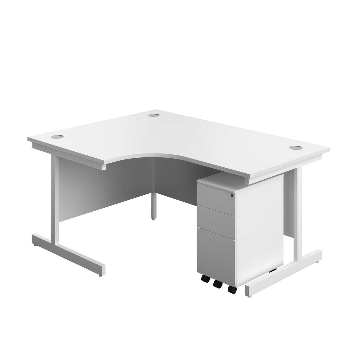 Aztec|Single Upright|Left Hand|Radial Desk with 3 Drawer Slimline Steel Pedestal|1600x1200|White-White