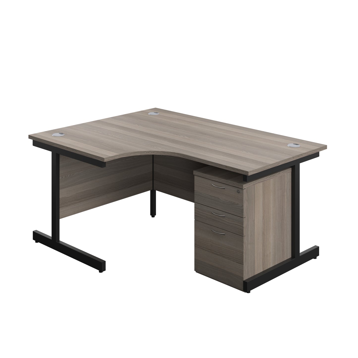 Aztec|Single Upright|Left Hand|Radial Desk with 3 Drawer High Mobile Pedestal|1600x1200|Grey Oak-Black