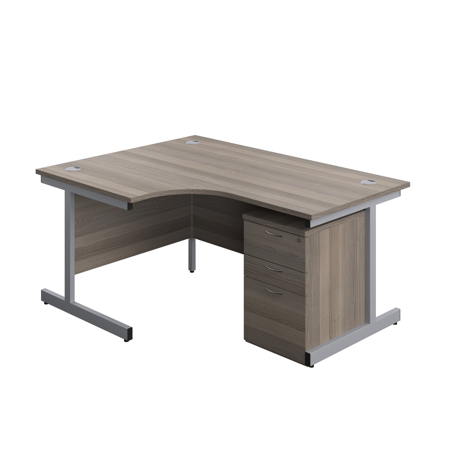Aztec|Single Upright|Left Hand|Radial Desk with 3 Drawer High Mobile Pedestal|1600x1200|Grey Oak-Silver