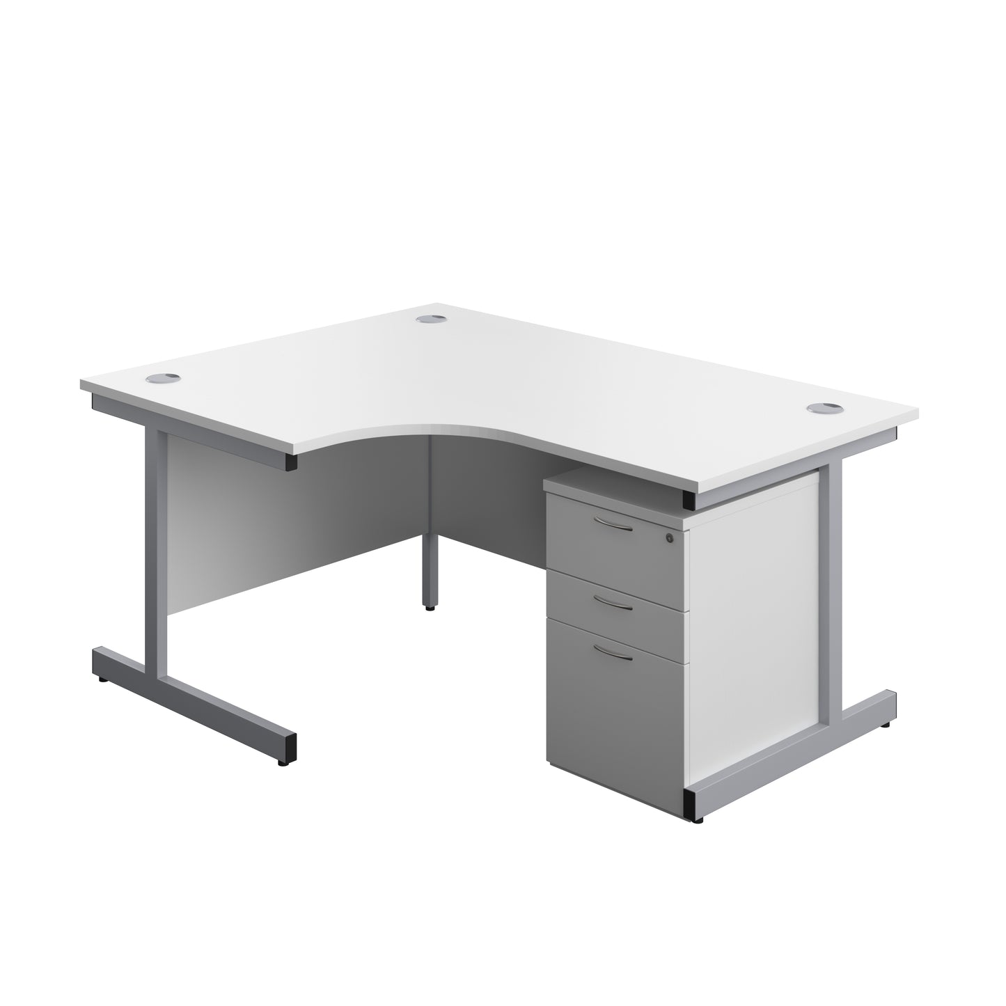 Aztec|Single Upright|Left Hand|Radial Desk with 3 Drawer High Mobile Pedestal|1600x1200|White-Silver
