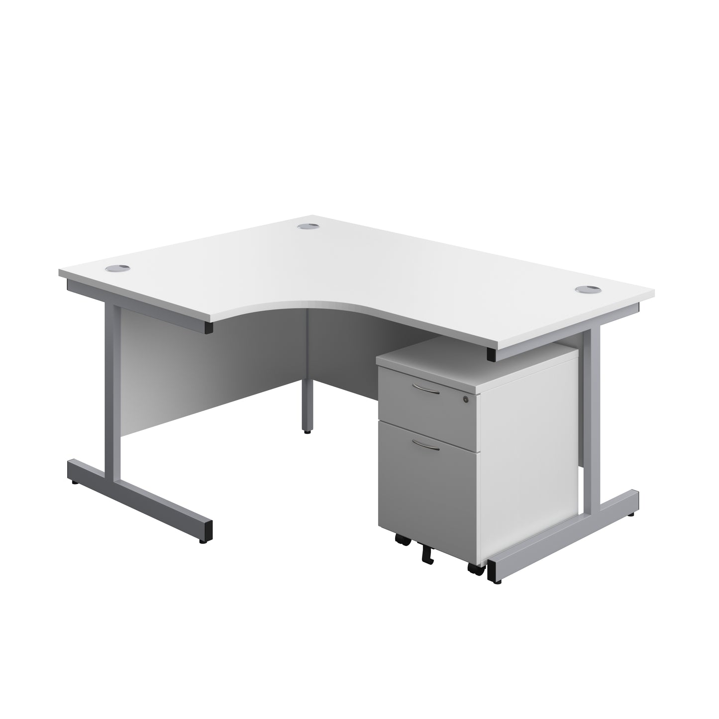 Aztec|Single Upright|Left Hand|Radial Desk with 2 Drawer Mobile Pedestal|1600x1200|White-Silver