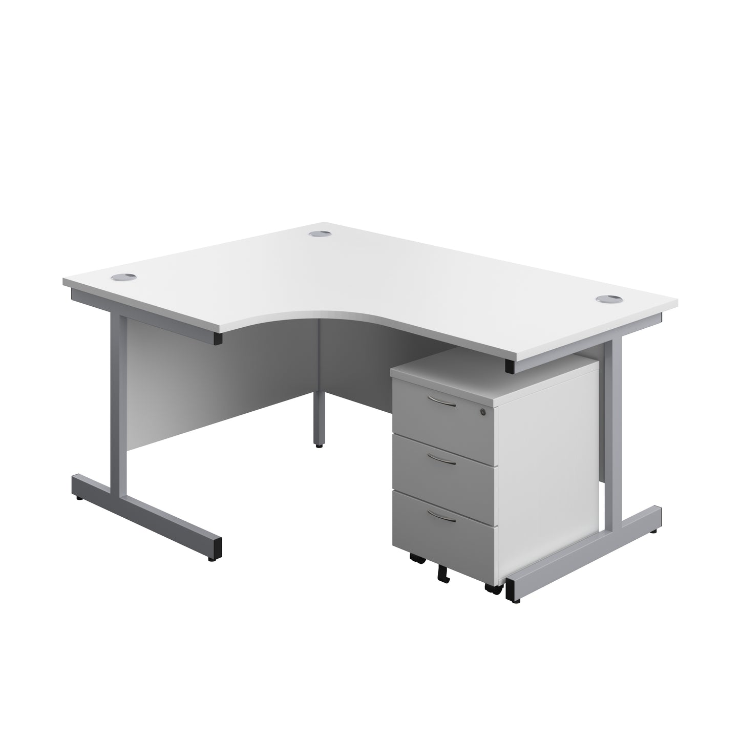 Aztec|Single Upright|Left Hand|Radial Desk with 3 Drawer Mobile Pedestal|1600x1200|White-Silver