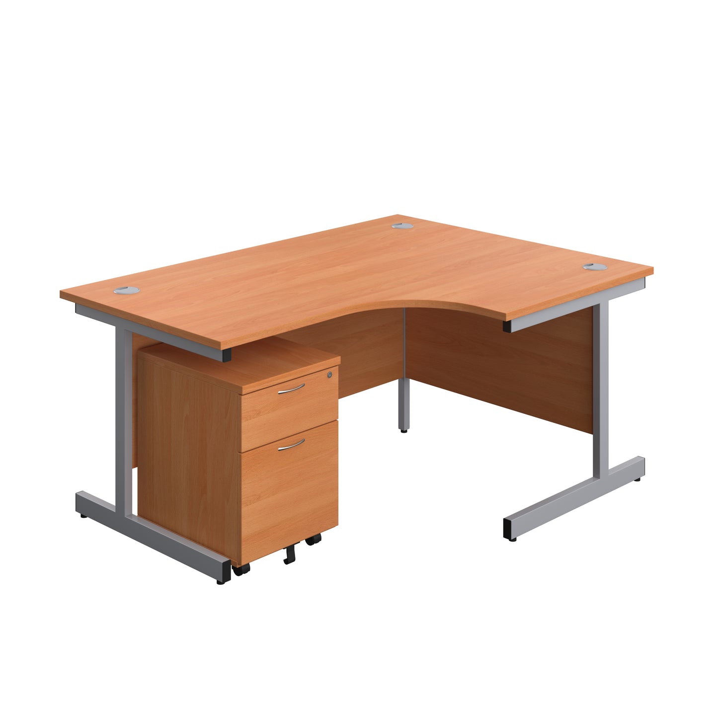 Aztec|Single Upright|Right Hand|Radial Desk with 2 Drawer Mobile Pedestal|1600x1200|Beech-Silver