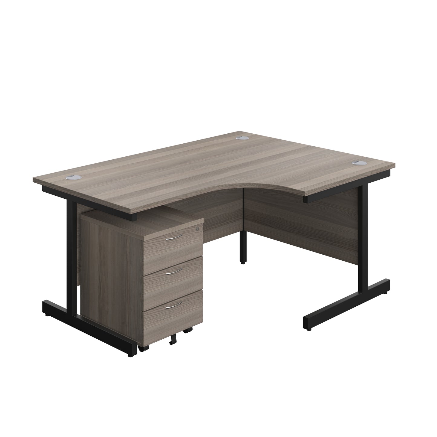Aztec|Single Upright|Right Hand|Radial Desk with 3 Drawer Mobile Pedestal|1600x1200|Grey Oak-Black