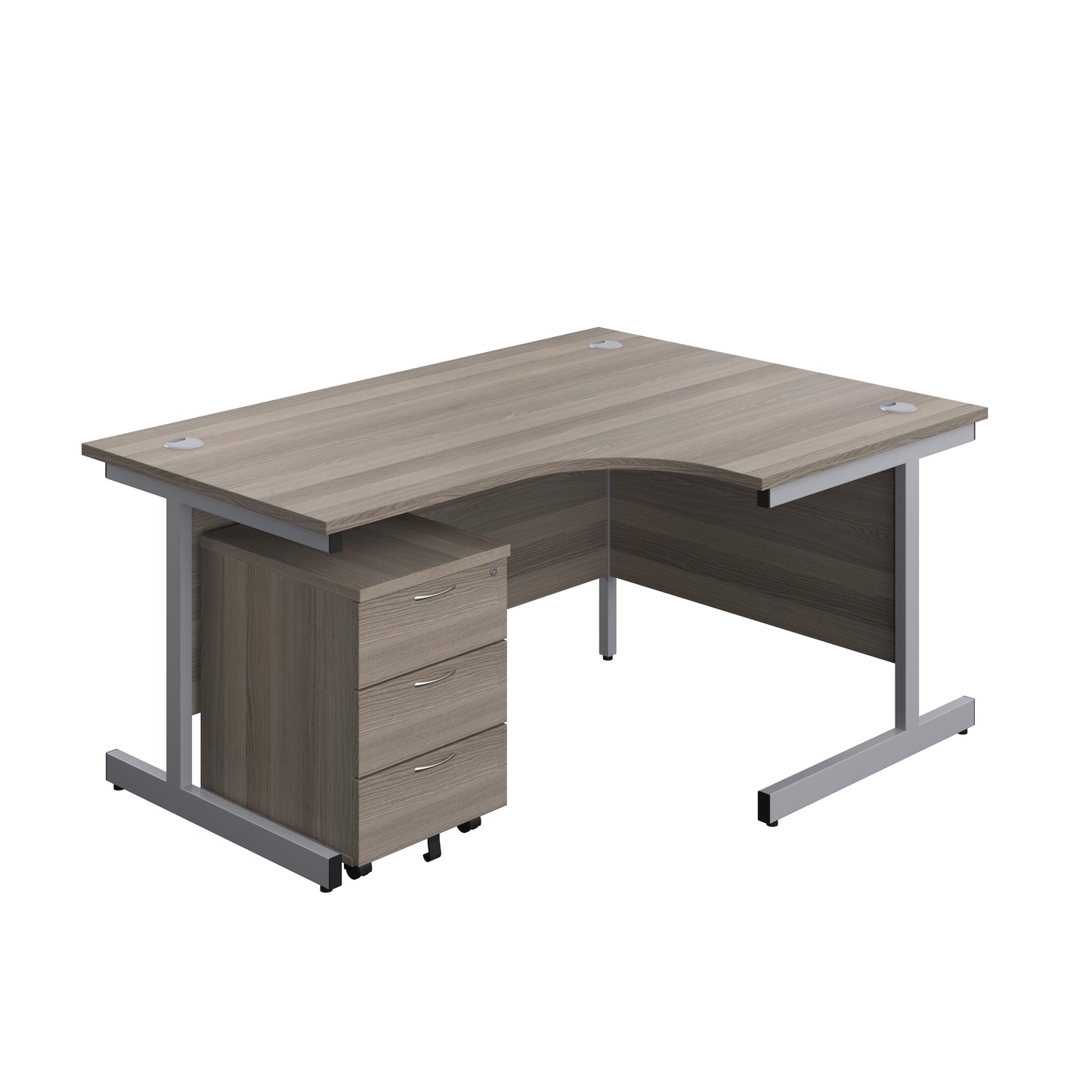 Aztec|Single Upright|Right Hand|Radial Desk with 3 Drawer Mobile Pedestal|1600x1200|Grey Oak-Silver