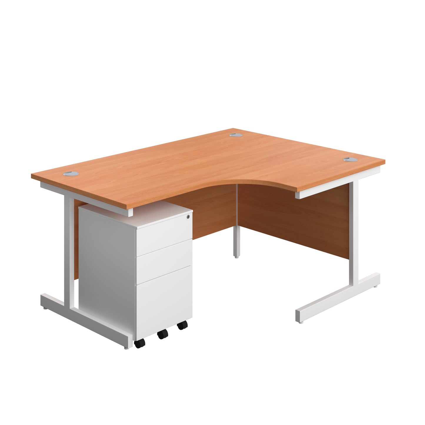 Aztec|Single Upright|Right Hand|Radial Desk with Under Desk Steel Pedestal 3 Drawer|1600x1200|Beech-White