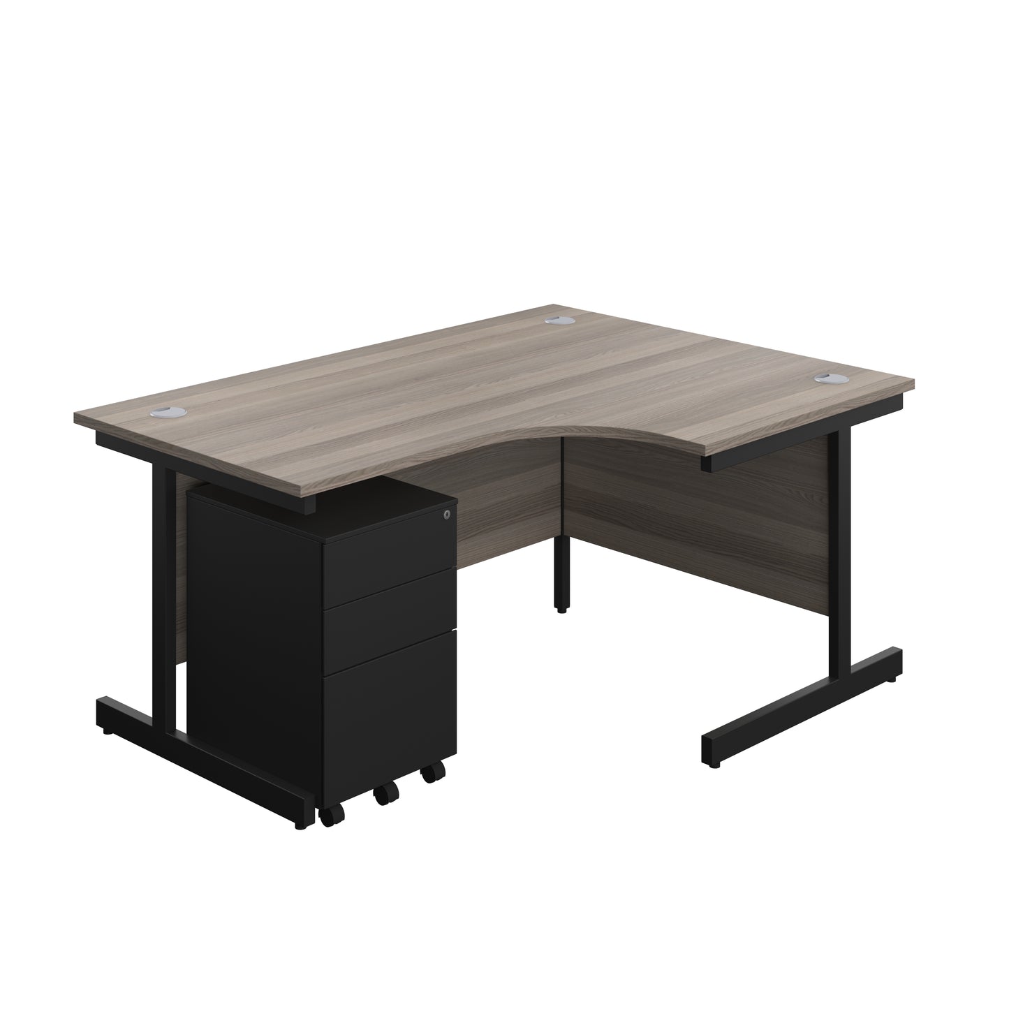 Aztec|Single Upright|Right Hand|Radial Desk with Under Desk Steel Pedestal 3 Drawer|1600x1200|Grey Oak-Black