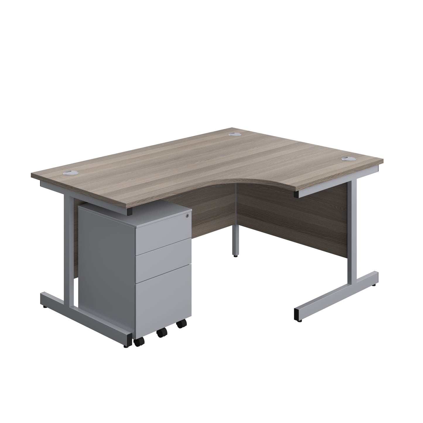 Aztec|Single Upright|Right Hand|Radial Desk with Under Desk Steel Pedestal 3 Drawer|1600x1200|Grey Oak-Silver