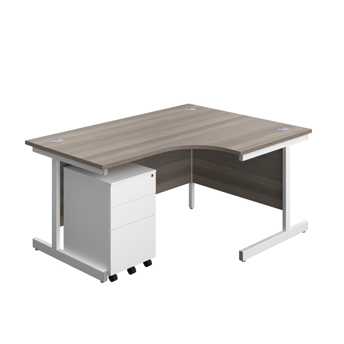 Aztec|Single Upright|Right Hand|Radial Desk with Under Desk Steel Pedestal 3 Drawer|1600x1200|Grey Oak-White