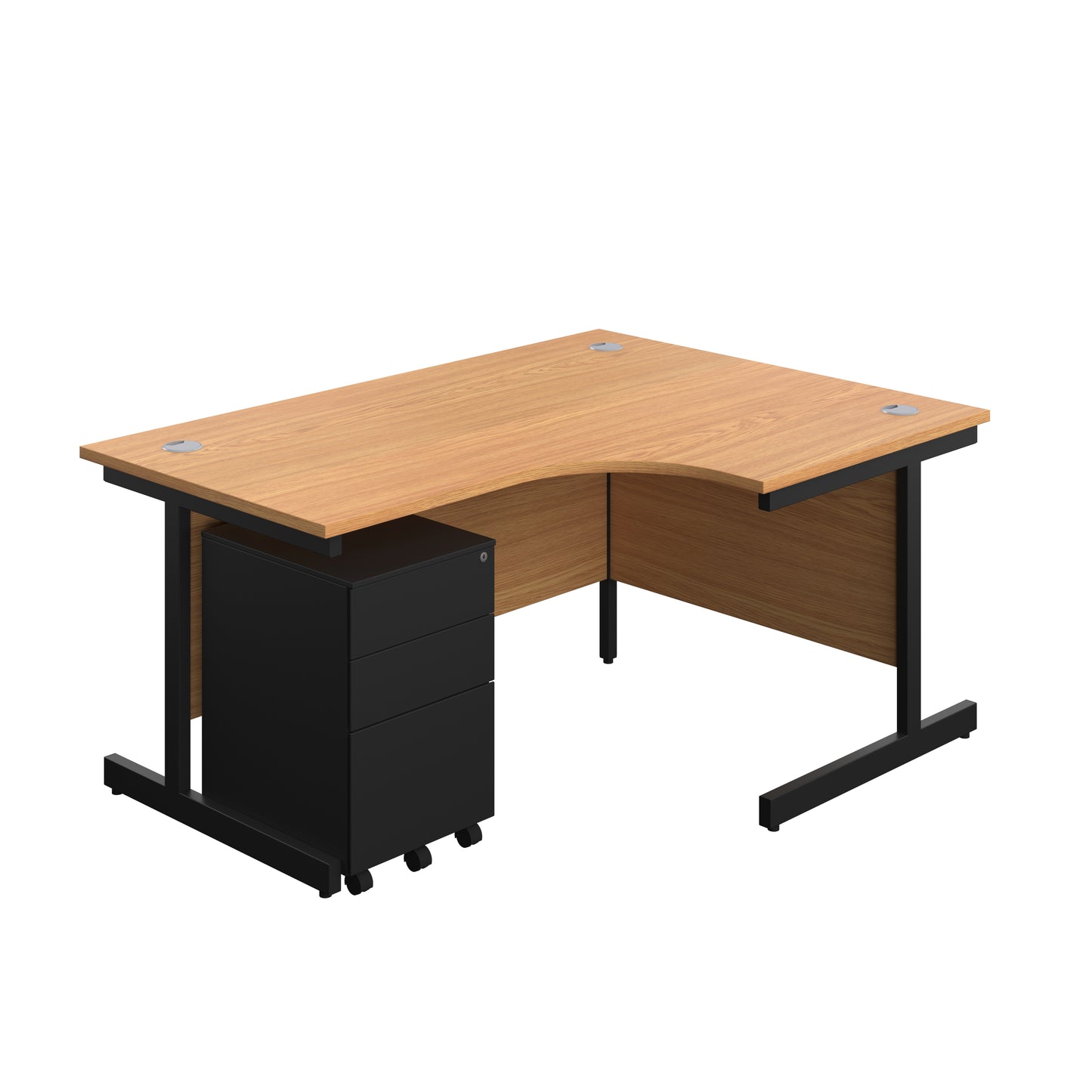 Aztec|Single Upright|Right Hand|Radial Desk with Under Desk Steel Pedestal 3 Drawer|1600x1200|Nova Oak-Black