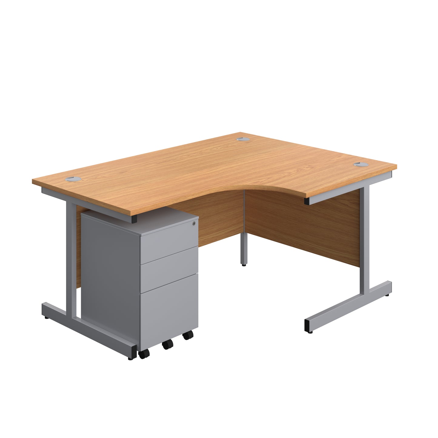 Aztec|Single Upright|Right Hand|Radial Desk with Under Desk Steel Pedestal 3 Drawer|1600x1200|Nova Oak-Silver