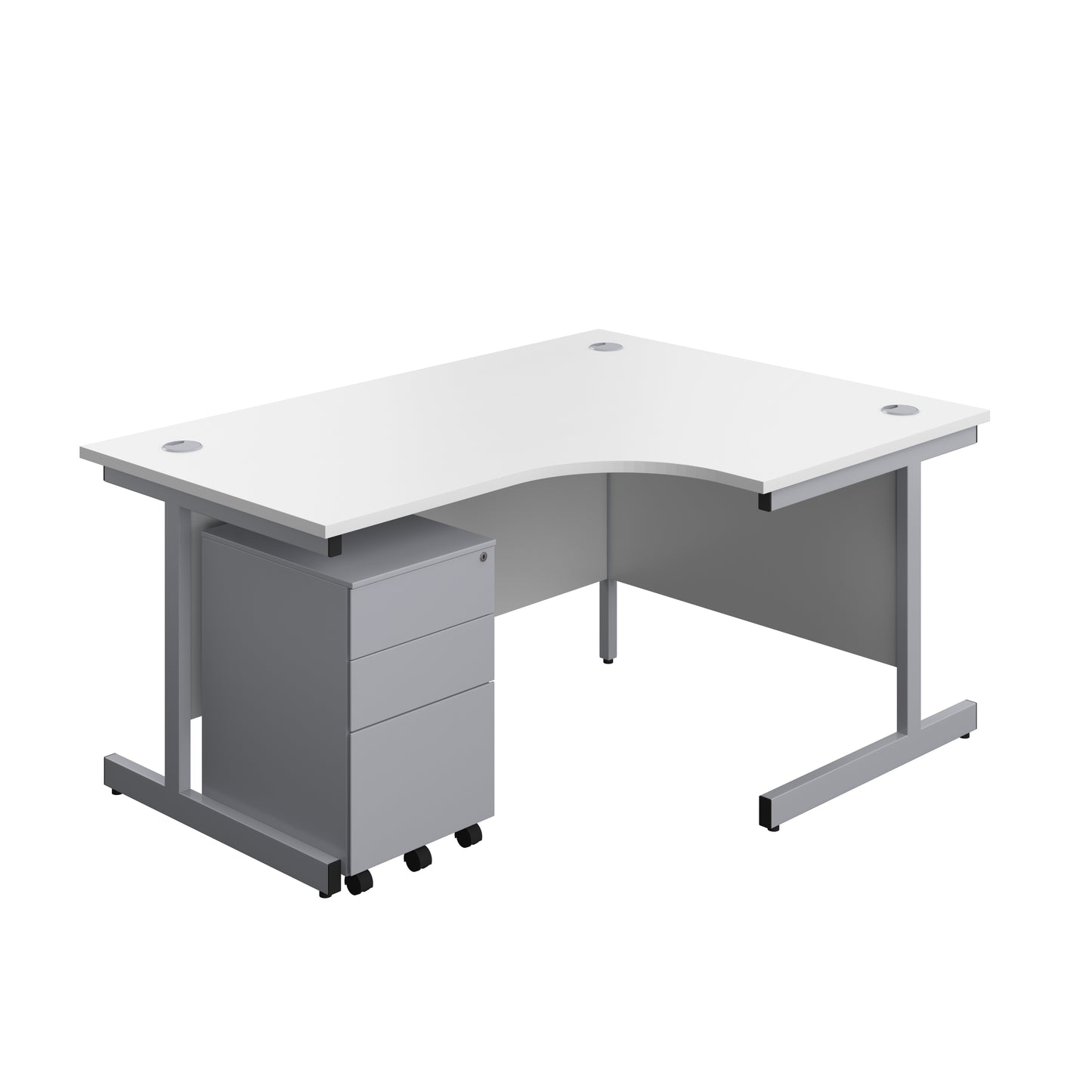 Aztec|Single Upright|Right Hand|Radial Desk with Under Desk Steel Pedestal 3 Drawer|1600x1200|White-Silver