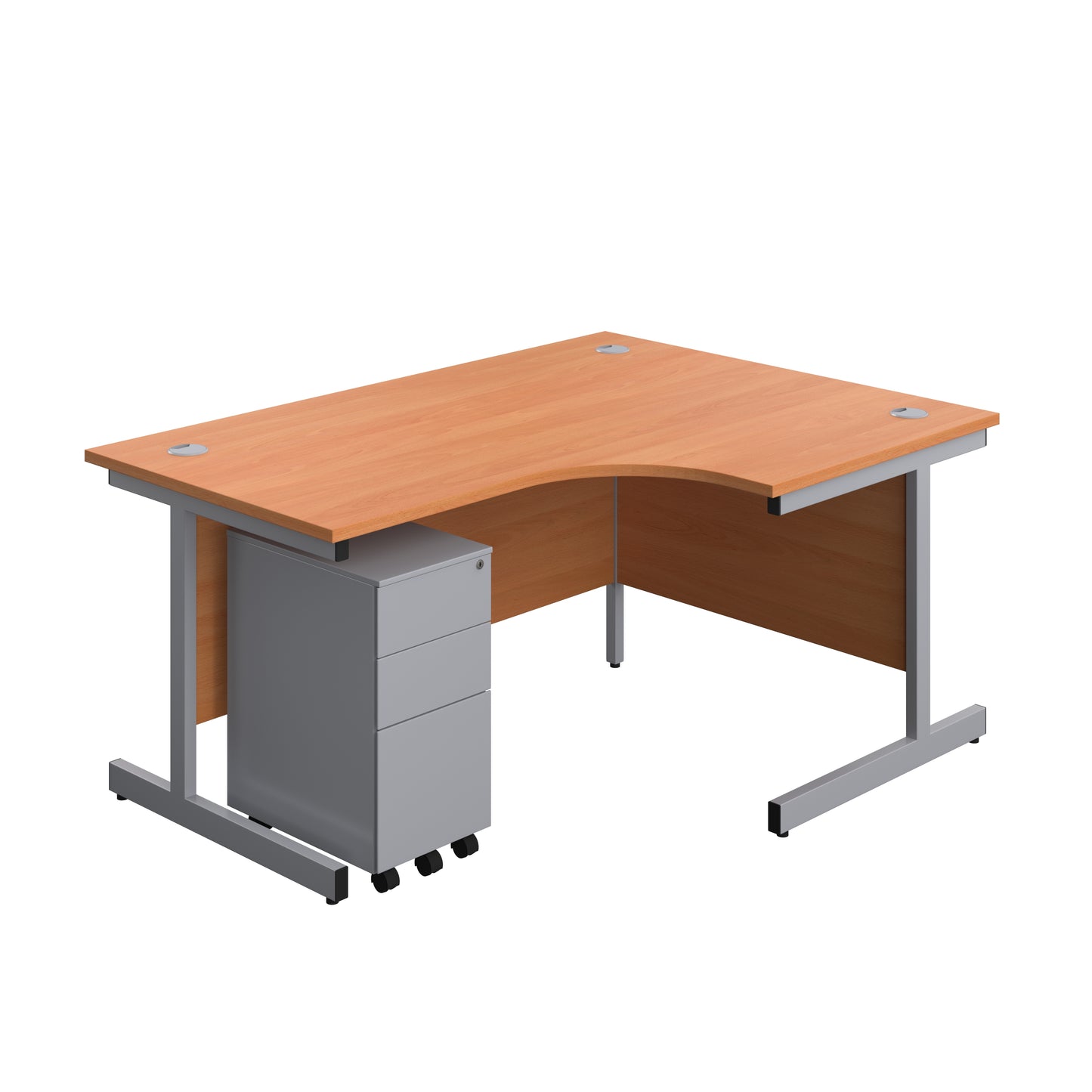 Aztec|Single Upright|Right Hand|Radial Desk with Slimline Steel Pedestal 3 Drawer|1600x1200|Beech-Silver