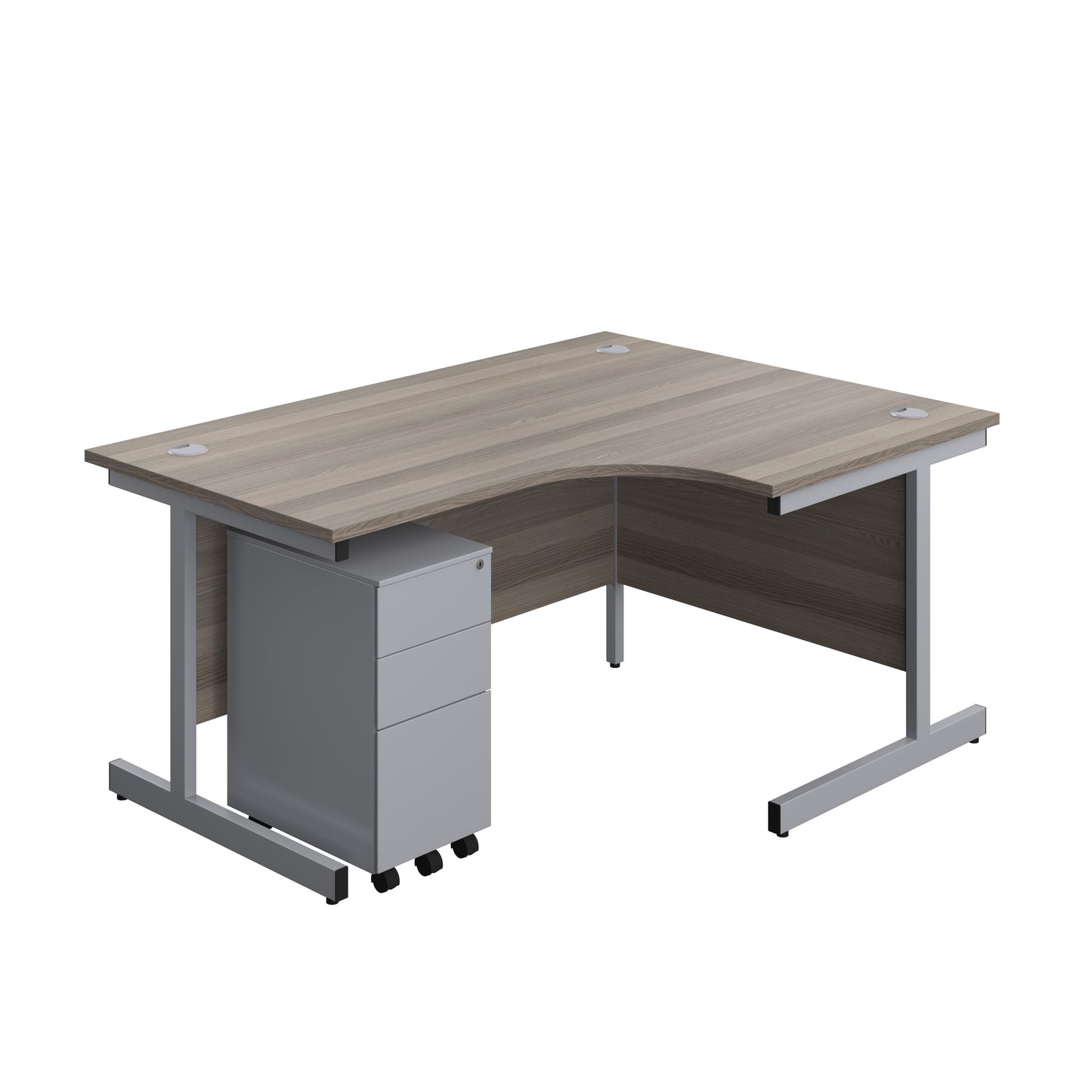 Aztec|Single Upright|Right Hand|Radial Desk with Slimline Steel Pedestal 3 Drawer|1600x1200|Grey Oak-Silver
