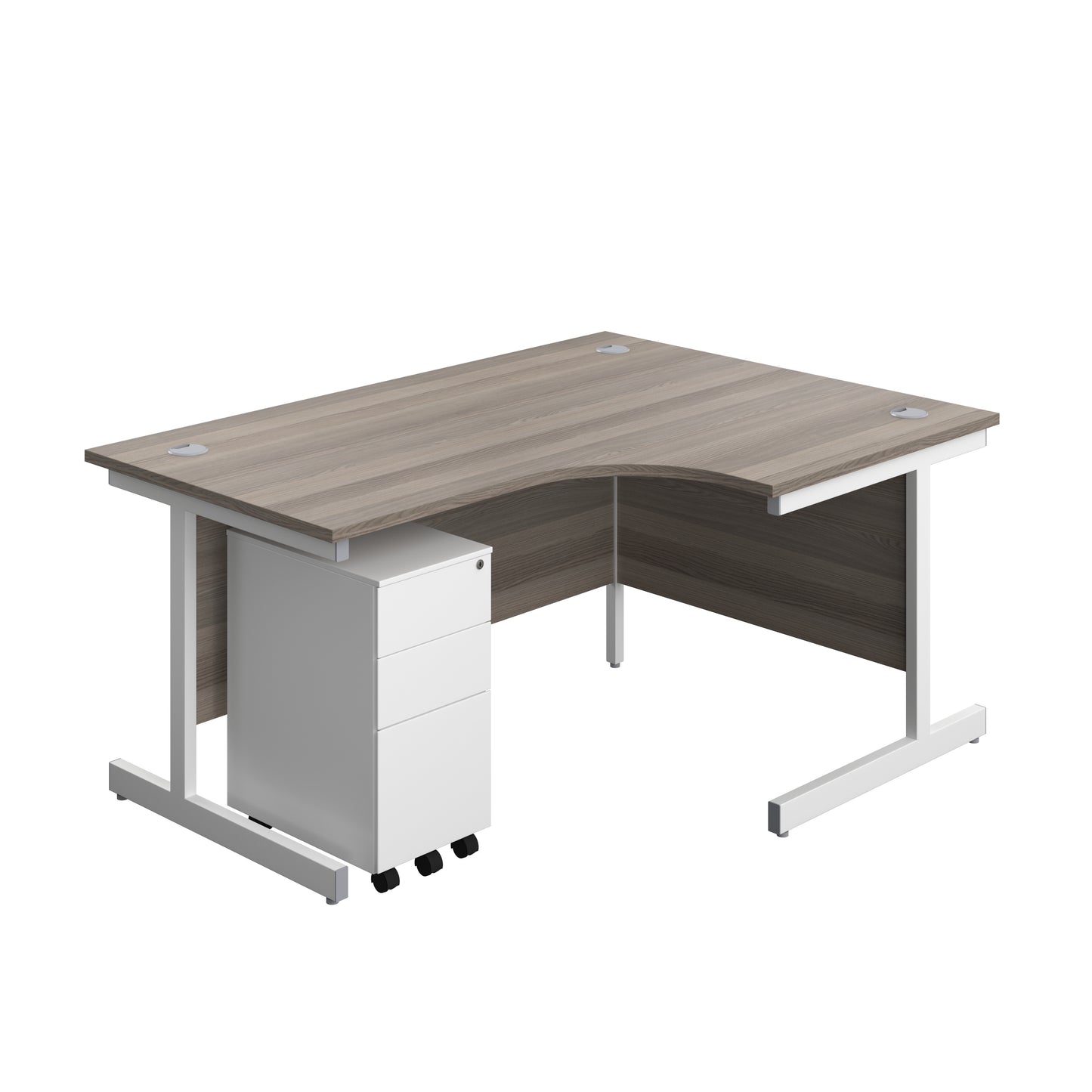 Aztec|Single Upright|Right Hand|Radial Desk with Slimline Steel Pedestal 3 Drawer|1600x1200|Grey Oak-White
