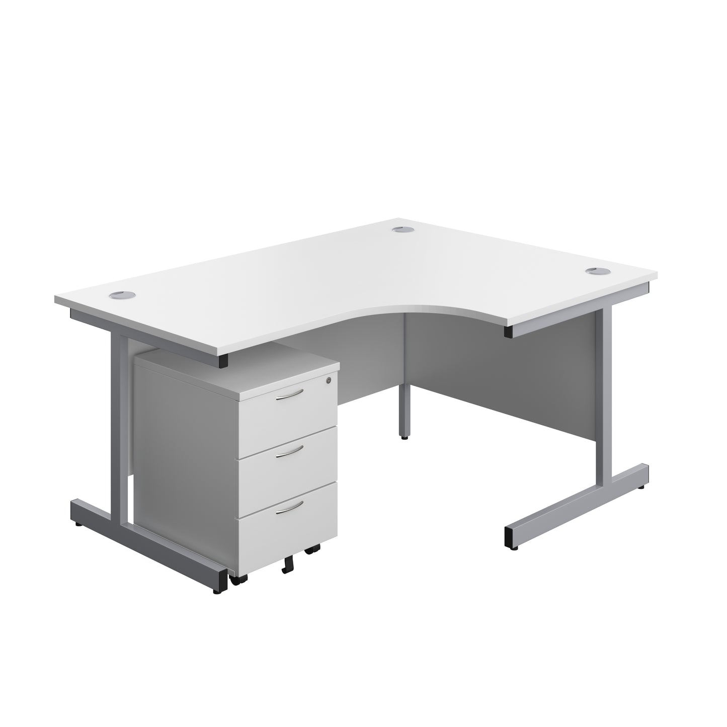 Aztec|Single Upright|Right Hand|Radial Desk with 3 Drawer Mobile Pedestal|1600x1200|White-Silver