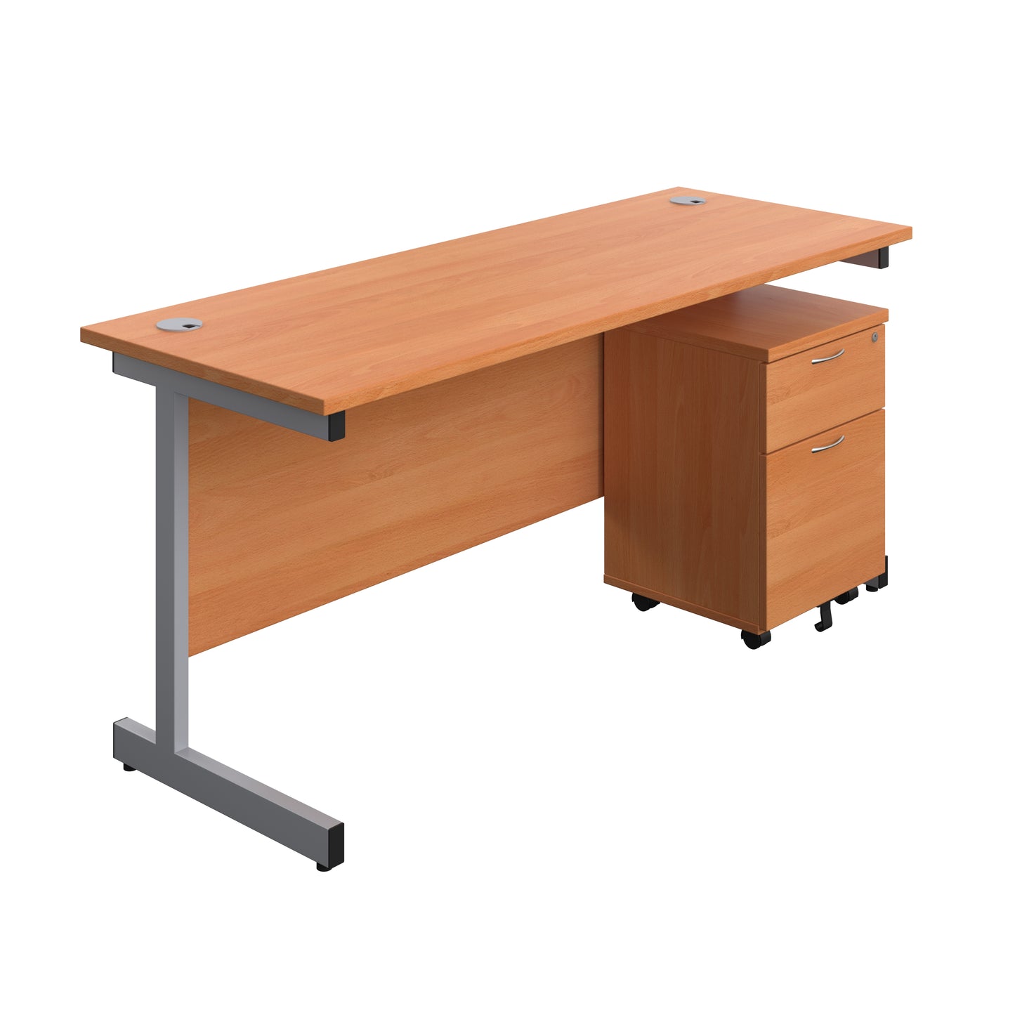 Aztec|Single Upright|Rectangular|Desk with 2 Drawer Mobile Pedestal|1600x600|Beech-Silver