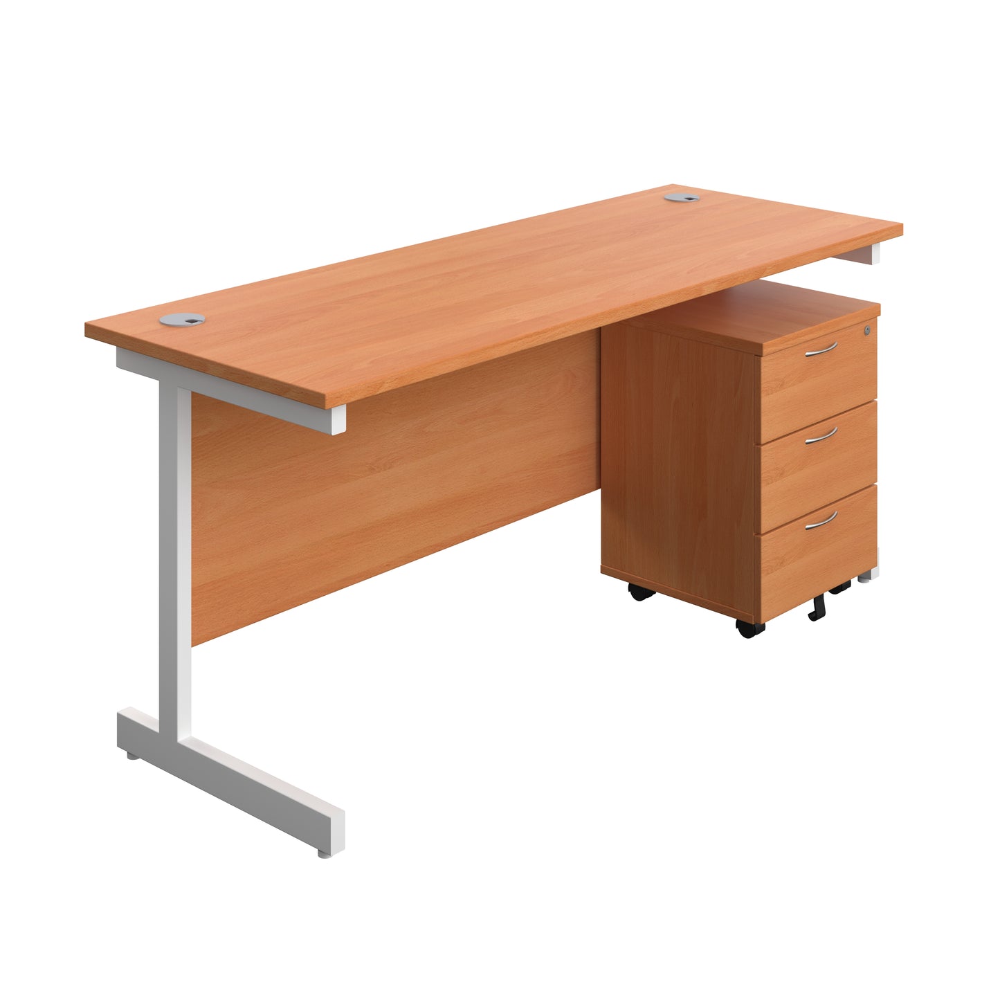 Aztec|Single Upright|Rectangular|Desk with 3 Drawer Mobile Pedestal|1600x600|Beech-White