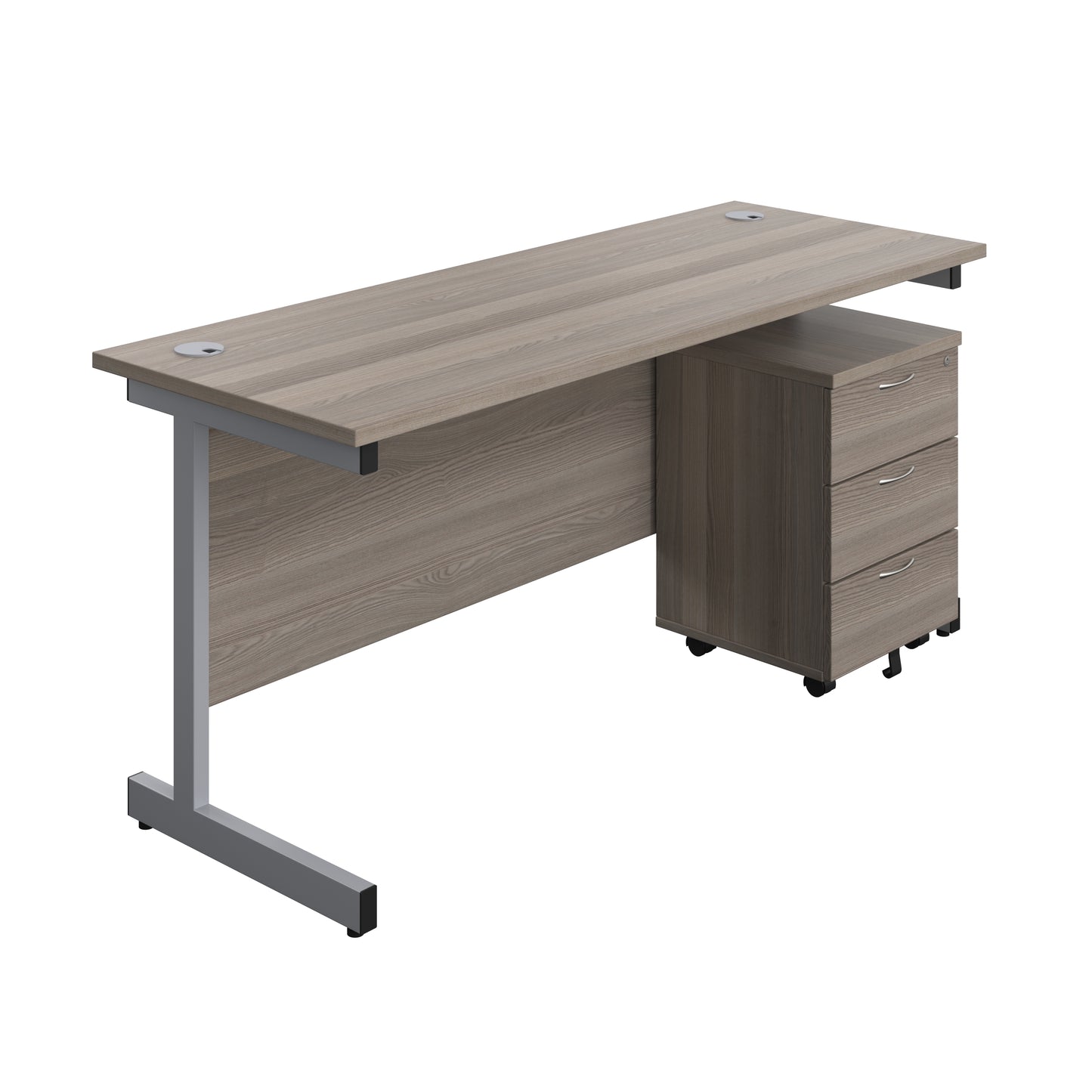Aztec|Single Upright|Rectangular|Desk with 3 Drawer Mobile Pedestal|1600x600|Grey Oak-Silver