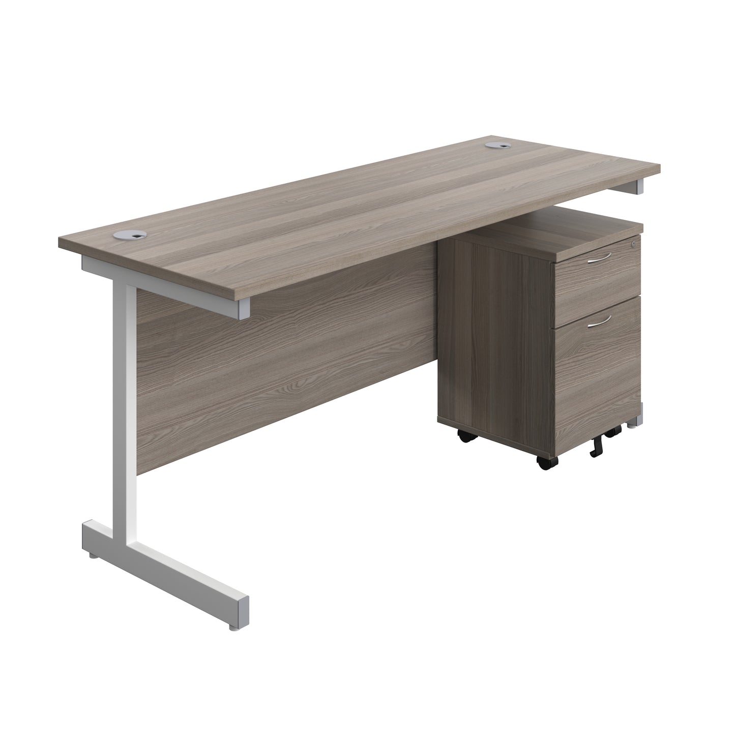 Aztec|Single Upright|Rectangular|Desk with 2 Drawer Mobile Pedestal|1600x600|Grey Oak-White