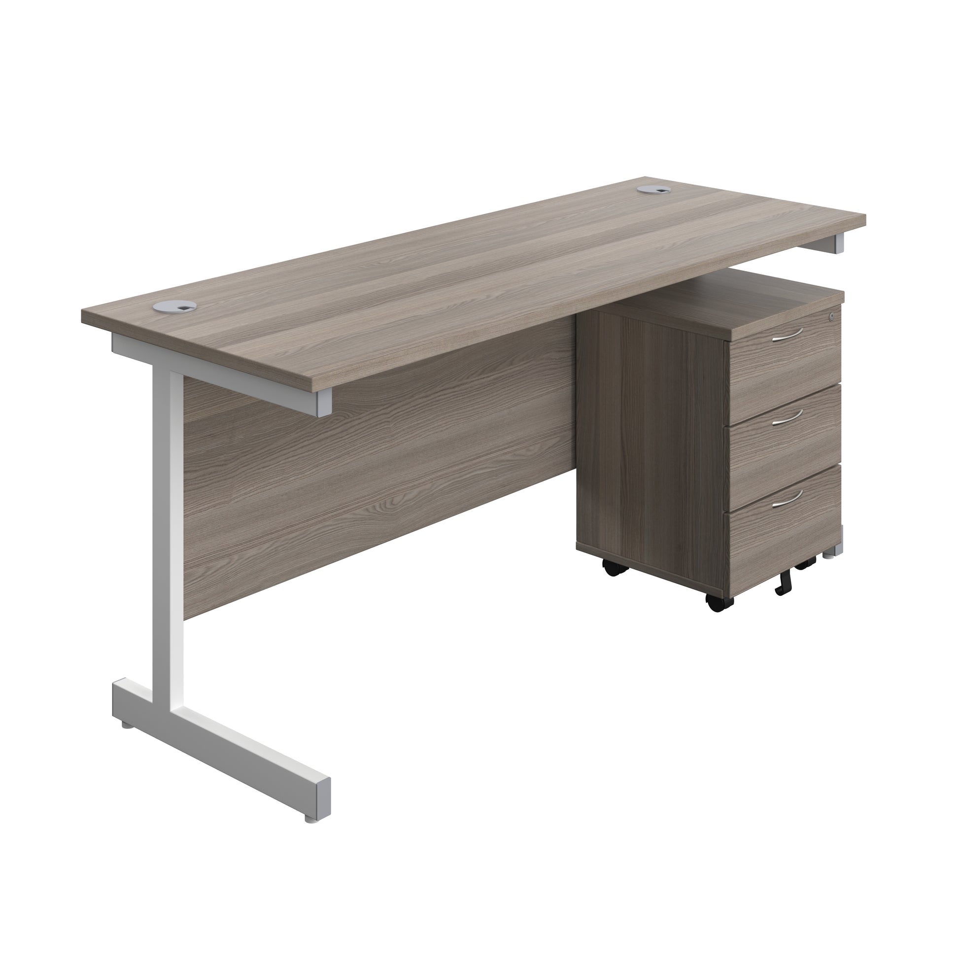 Aztec|Single Upright|Rectangular|Desk with 3 Drawer Mobile Pedestal|1600x600|Grey Oak-White