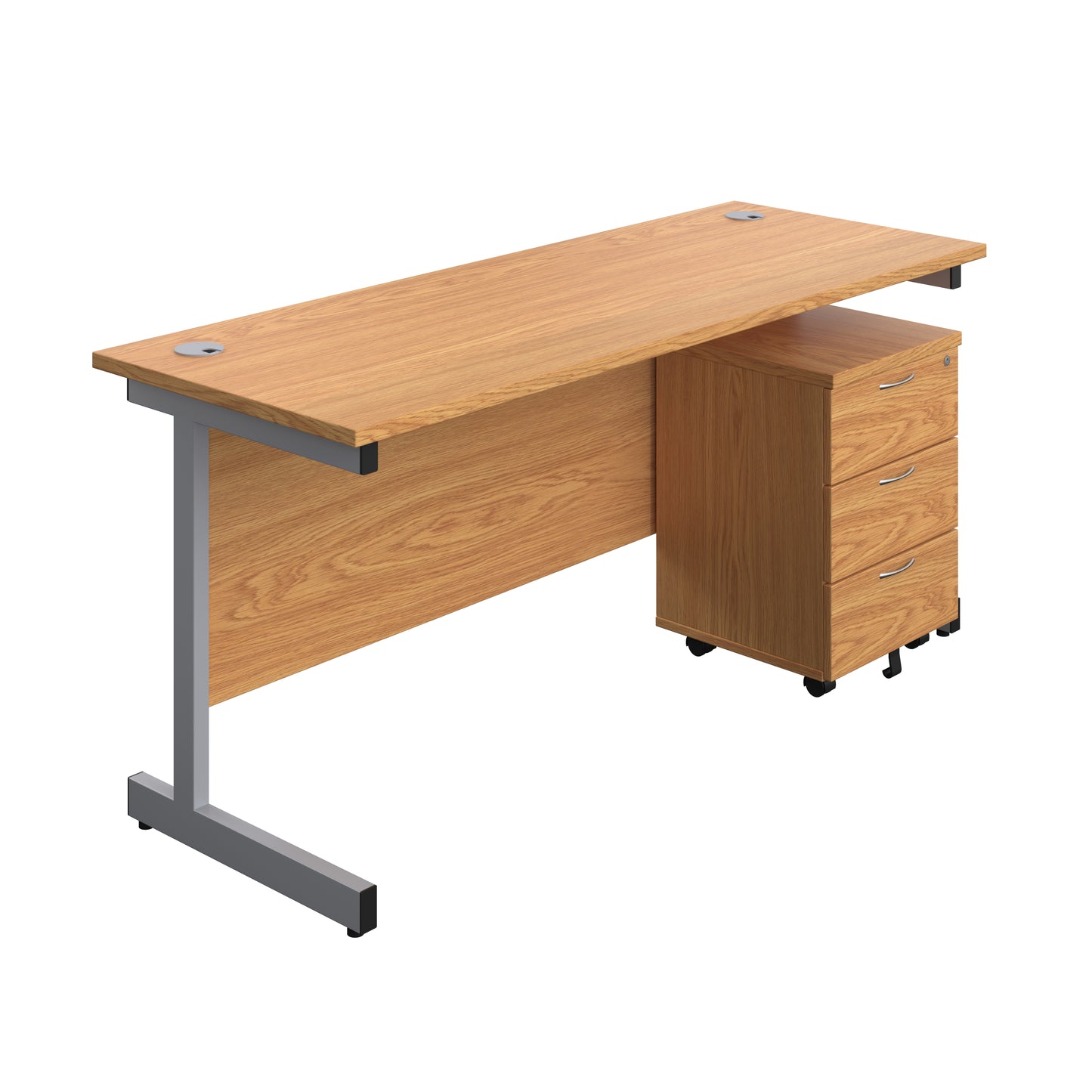 Aztec|Single Upright|Rectangular|Desk with 3 Drawer Mobile Pedestal|1600x600|Nova Oak-Silver