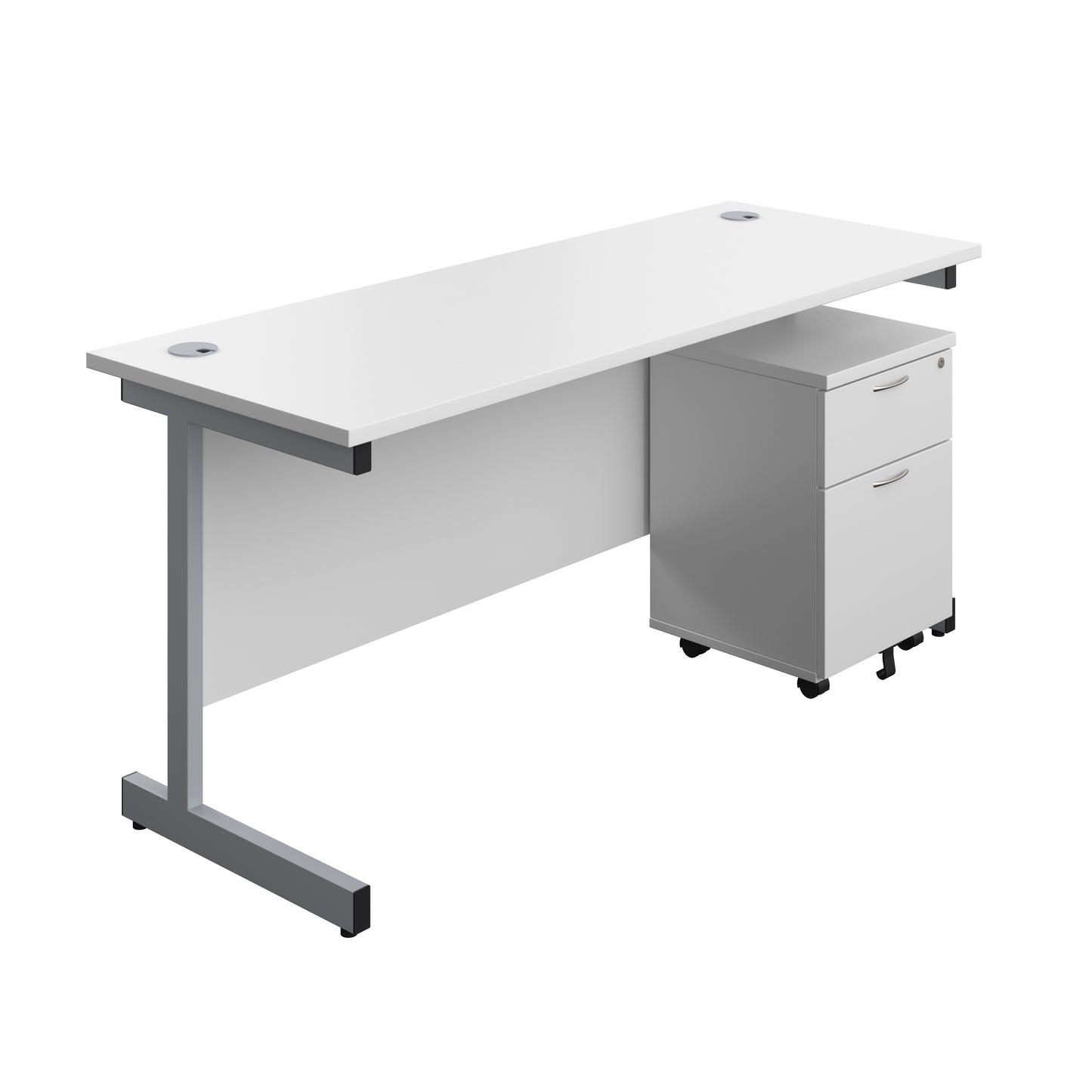 Aztec|Single Upright|Rectangular|Desk with 2 Drawer Mobile Pedestal|1600x600|White-Silver