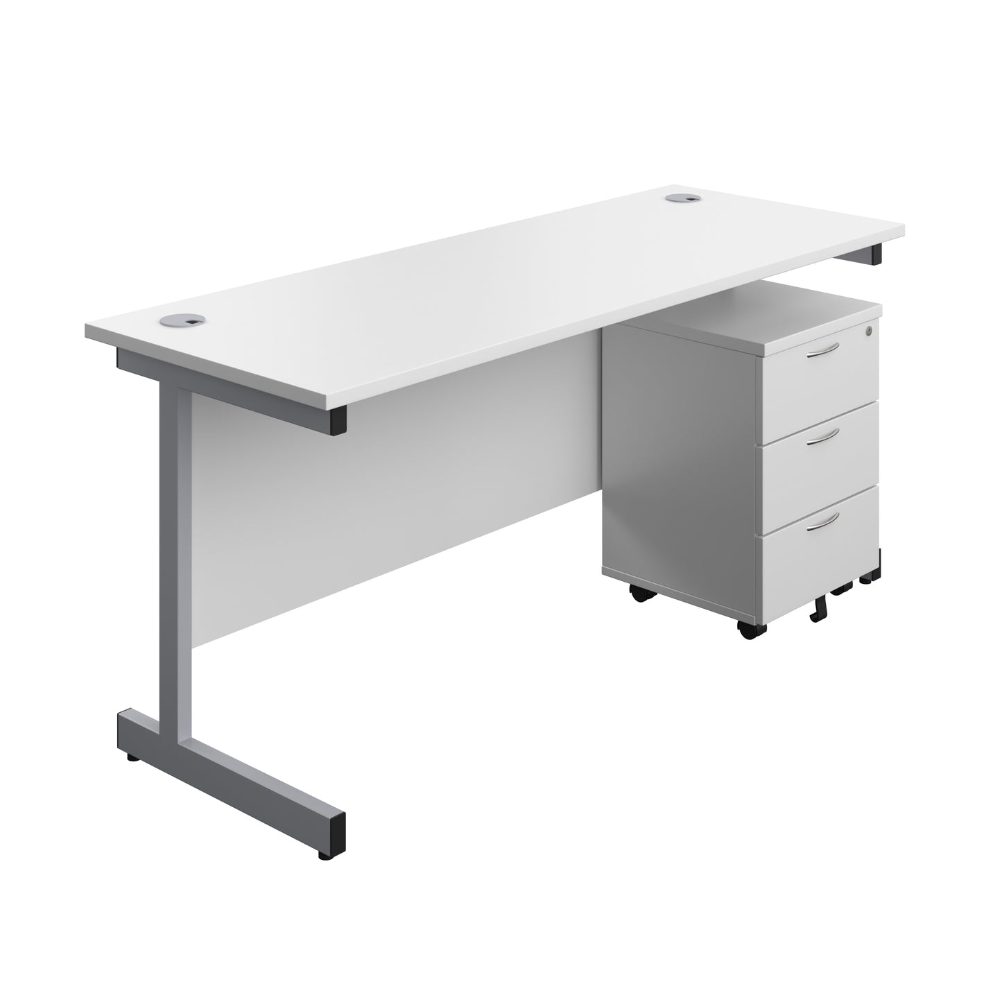 Aztec|Single Upright|Rectangular|Desk with 3 Drawer Mobile Pedestal|1600x600|White-Silver
