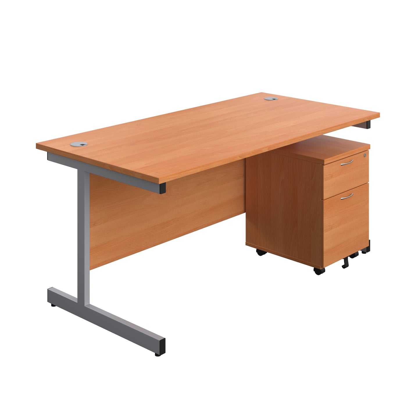Aztec|Single Upright|Rectangular|Desk with 2 Drawer Mobile Pedestal|1600x800|Beech-Silver