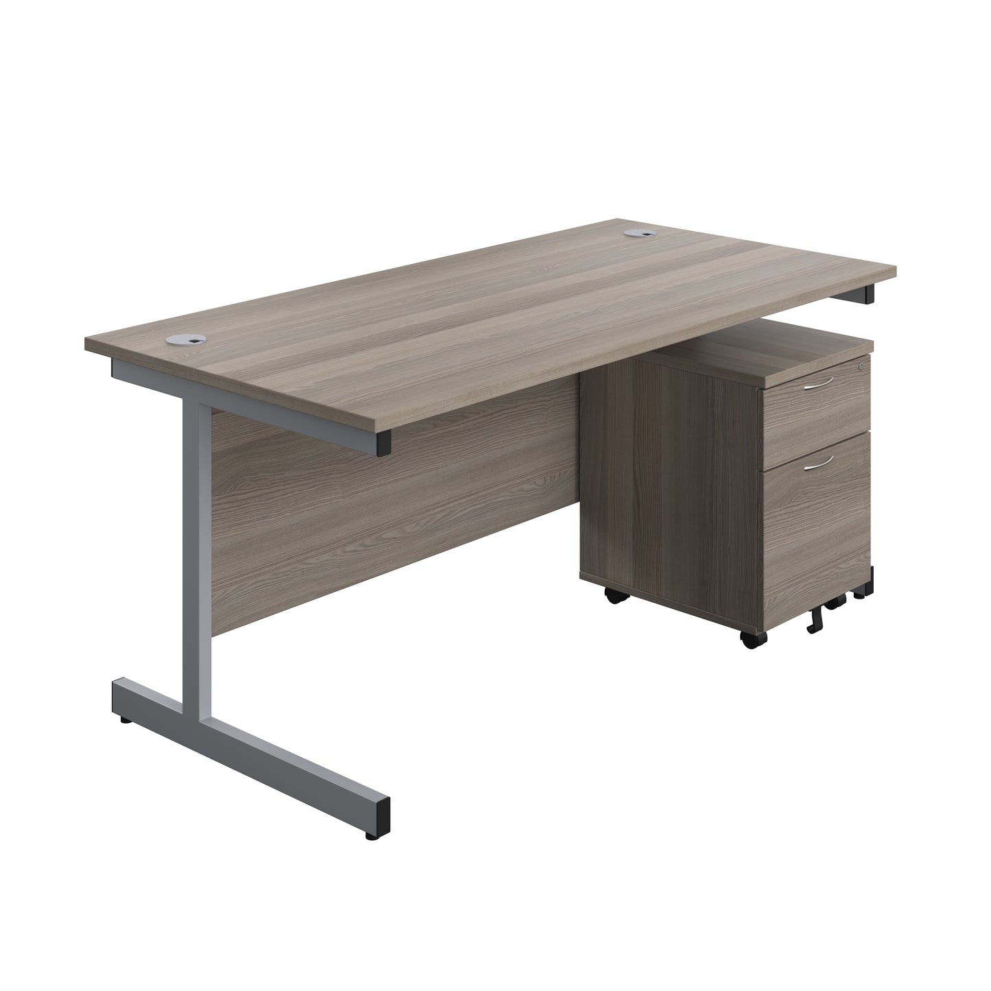 Aztec|Single Upright|Rectangular|Desk with 2 Drawer Mobile Pedestal|1600x800|Grey Oak-Silver