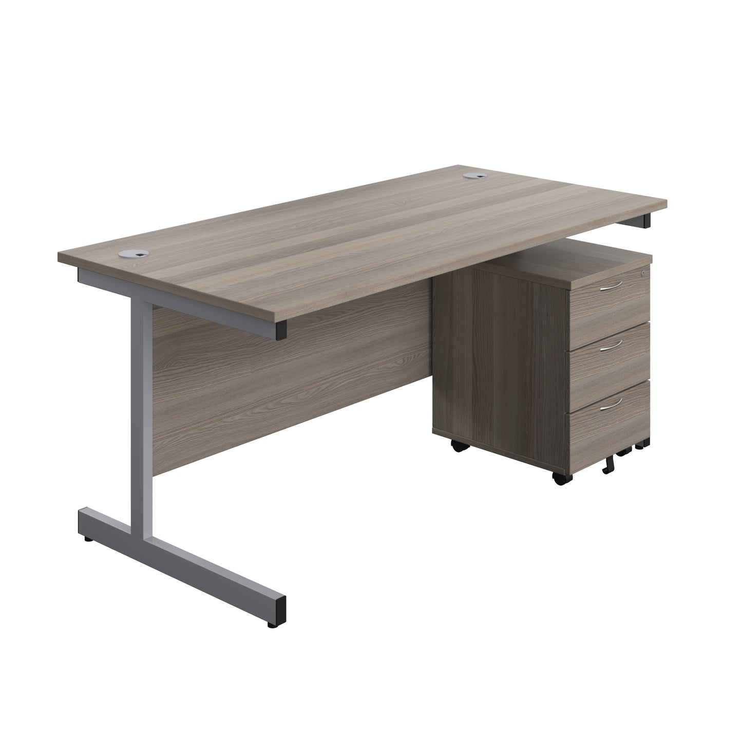 Aztec|Single Upright|Rectangular|Desk with 3 Drawer Mobile Pedestal|1600x800|Grey Oak-Silver
