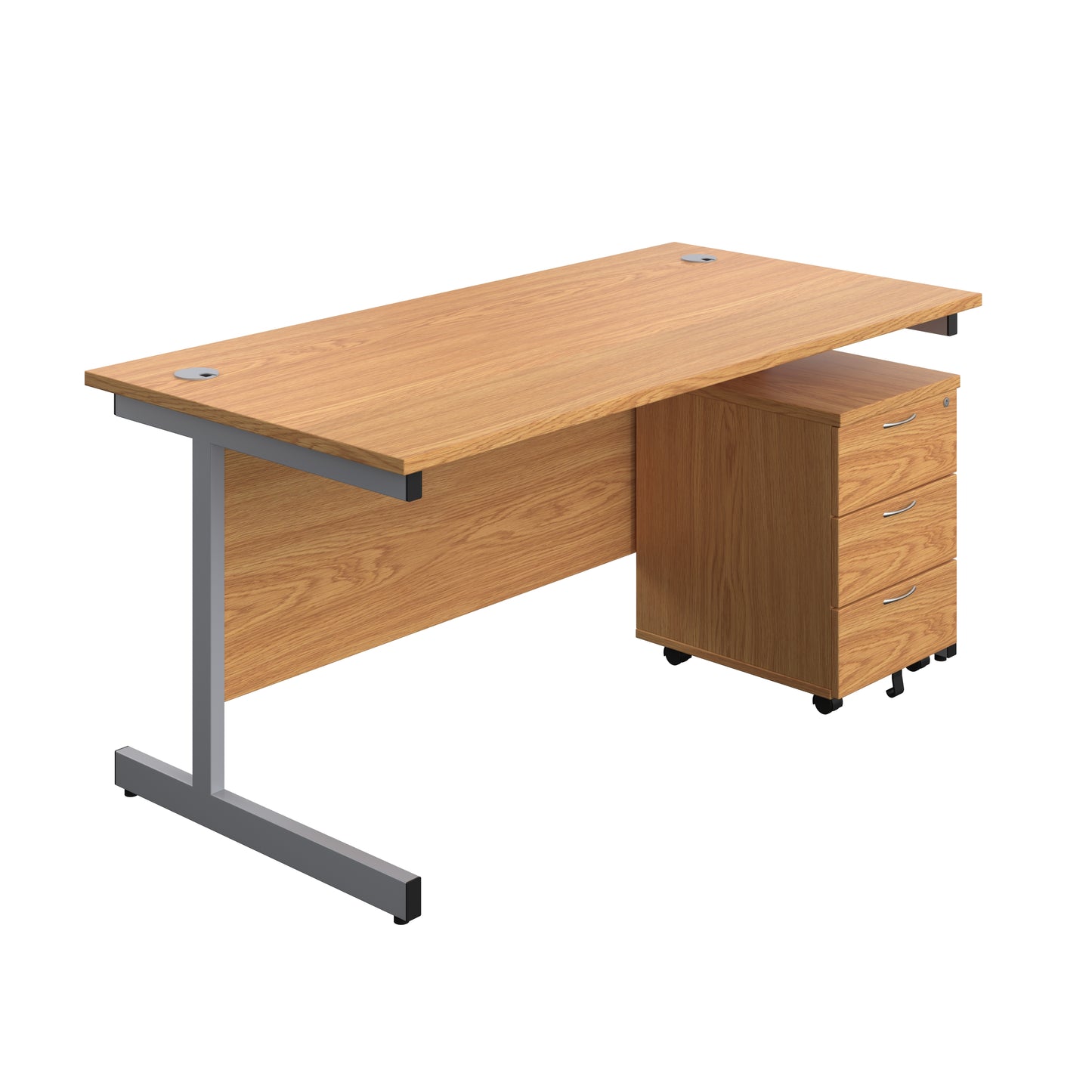 Aztec|Single Upright|Rectangular|Desk with 3 Drawer Mobile Pedestal|1600x800|Nova Oak-Silver