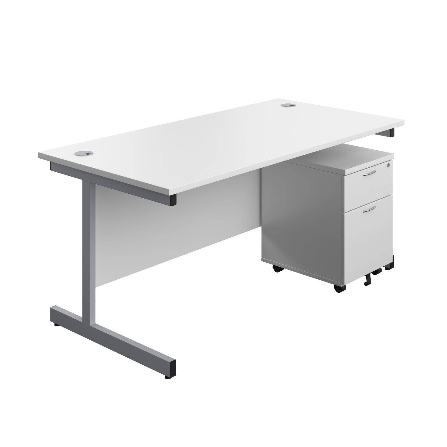 Aztec|Single Upright|Rectangular|Desk with 2 Drawer Mobile Pedestal|1600x800|White-Silver