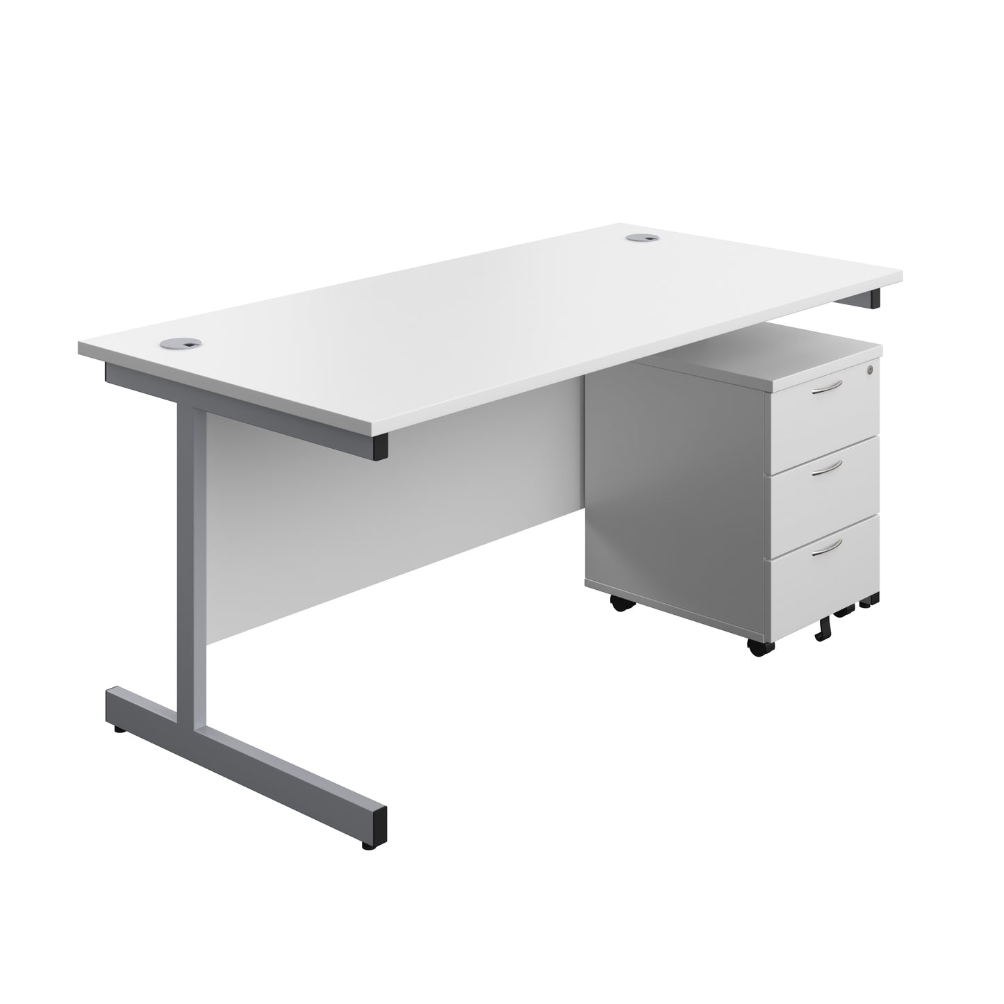 Aztec|Single Upright|Rectangular|Desk with 3 Drawer Mobile Pedestal|1600x800|White-Silver
