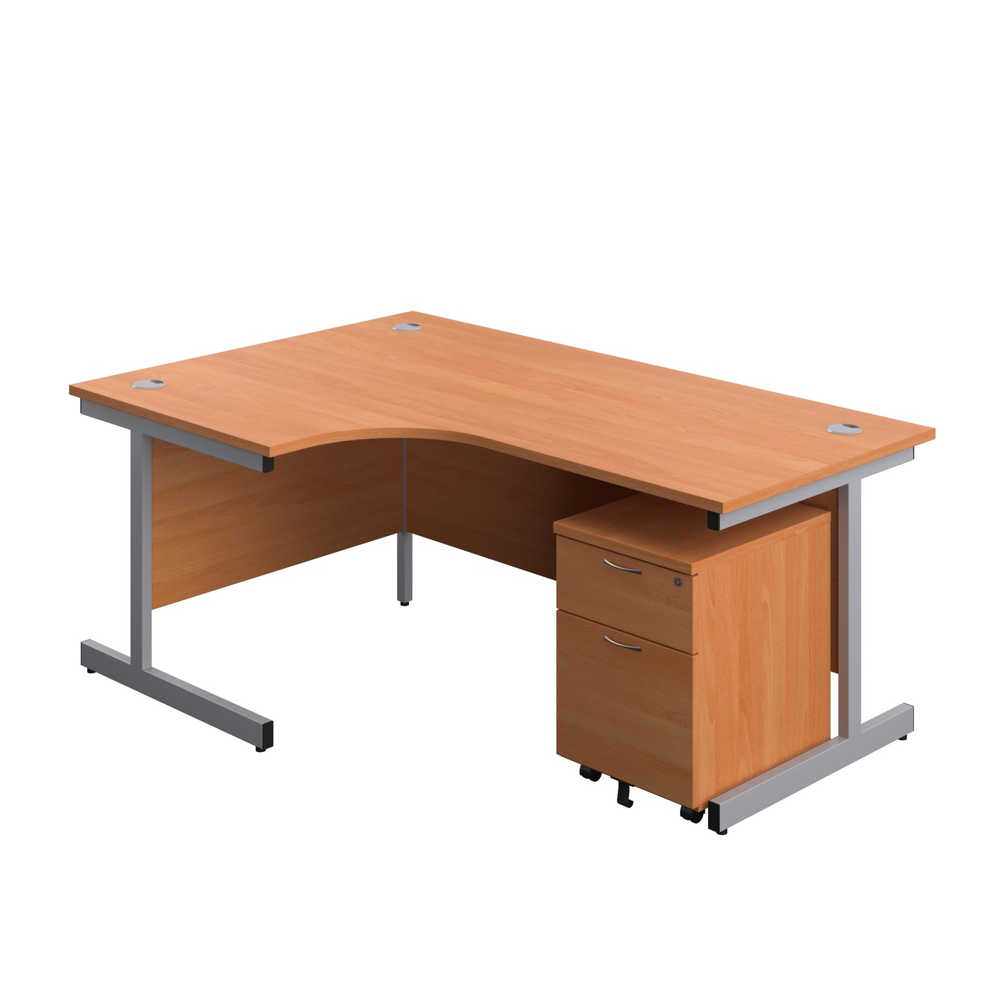 Aztec|Single Upright|Left Hand|Radial Desk with 2 Drawer Mobile Pedestal|1800x1200|Beech-Silver