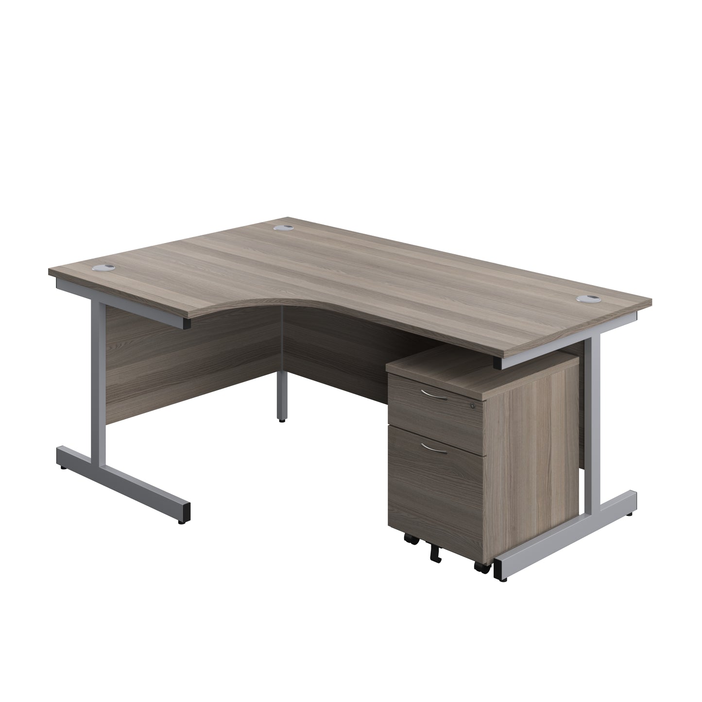 Aztec|Single Upright|Left Hand|Radial Desk with 2 Drawer Mobile Pedestal|1800x1200|Grey Oak-Silver