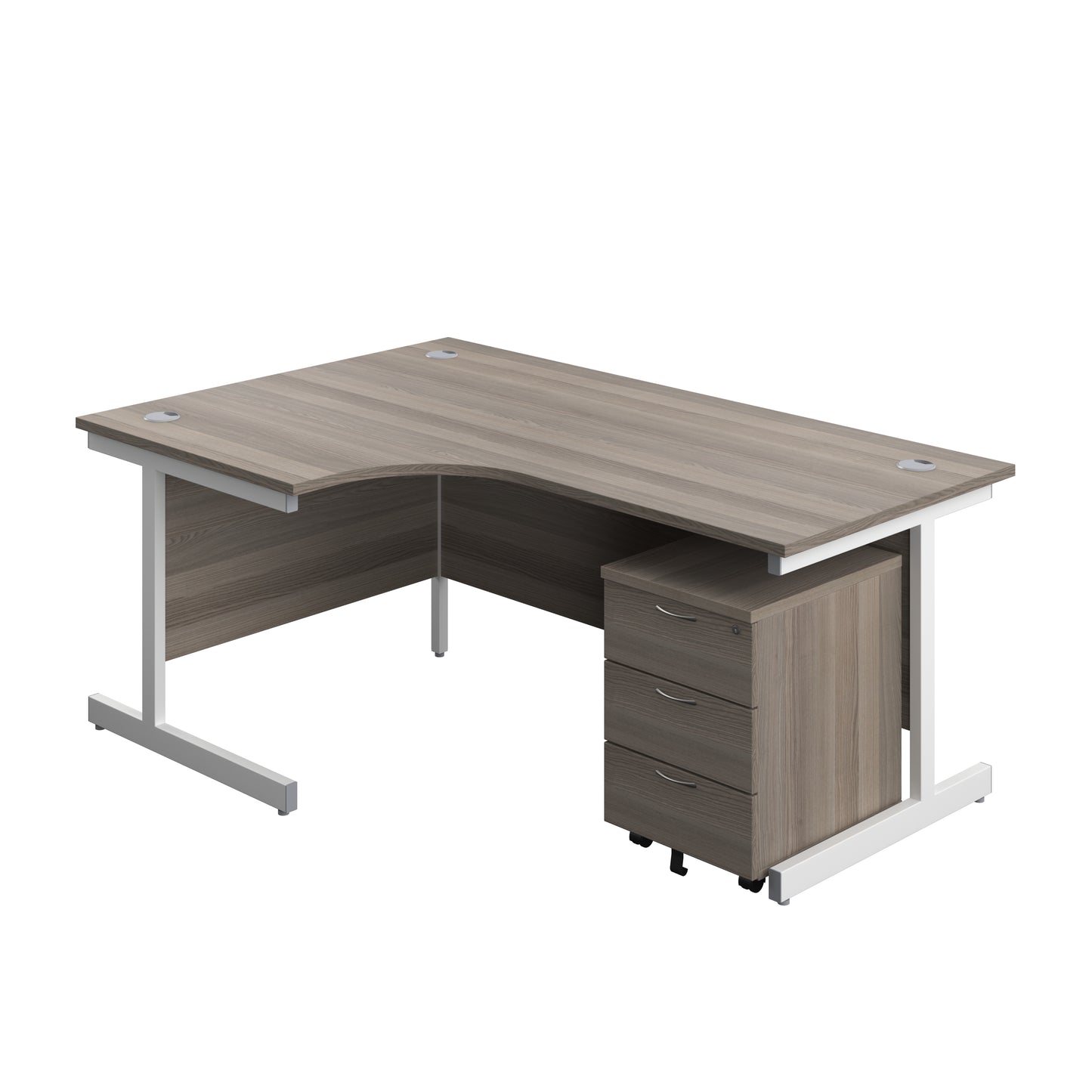 Aztec|Single Upright|Left Hand|Radial Desk with 3 Drawer Mobile Pedestal|1800x1200|Grey Oak-White