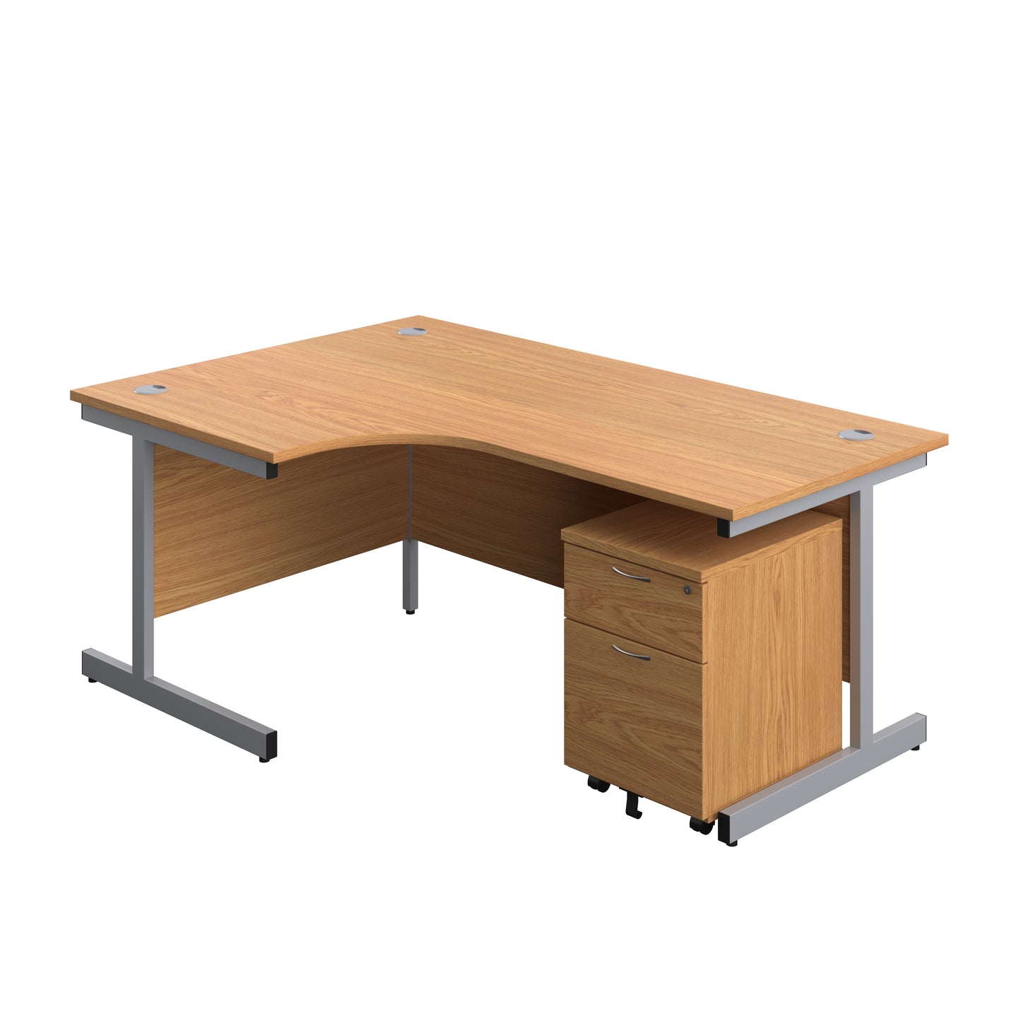 Aztec|Single Upright|Left Hand|Radial Desk with 2 Drawer Mobile Pedestal|1800x1200|Nova Oak-Silver