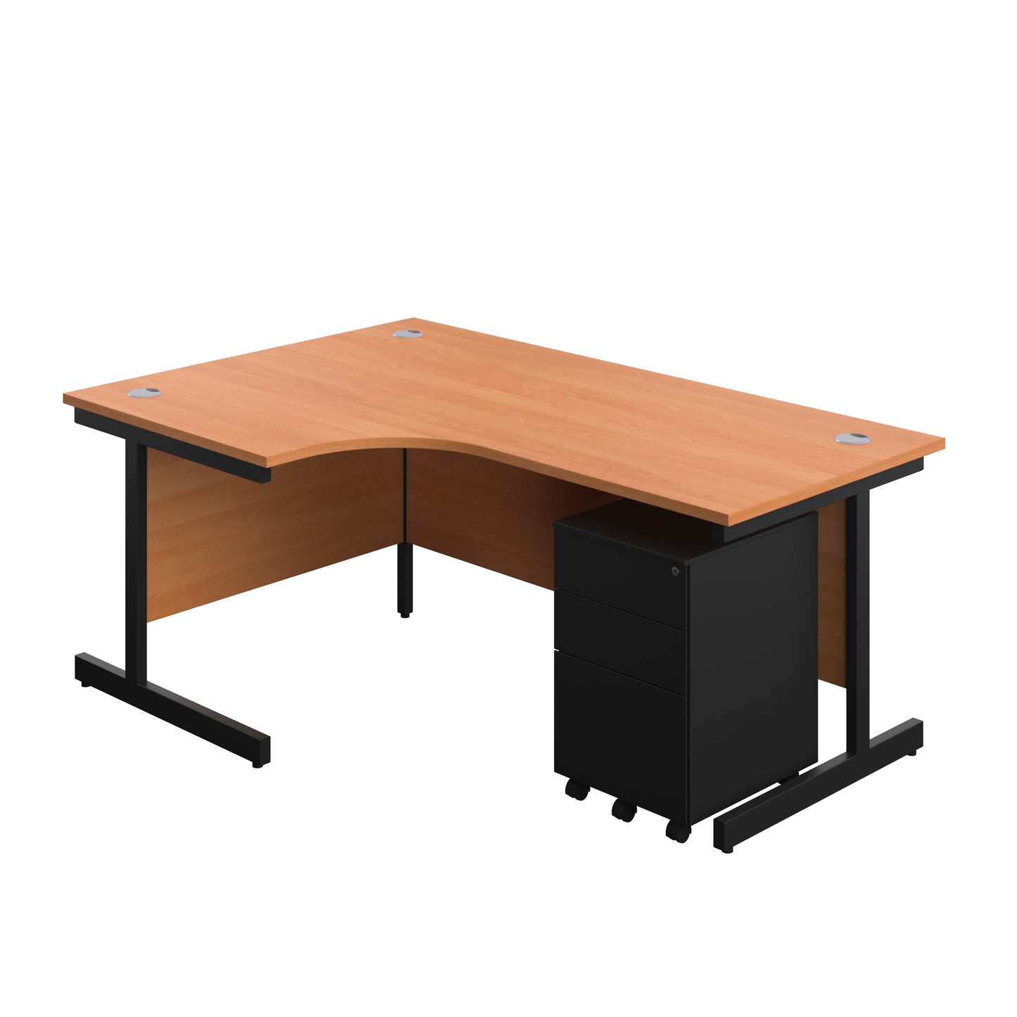 Aztec|Single Upright|Left Hand|Radial Desk with Under Desk Steel Pedestal 3 Drawer|1800x1200|Beech-Black