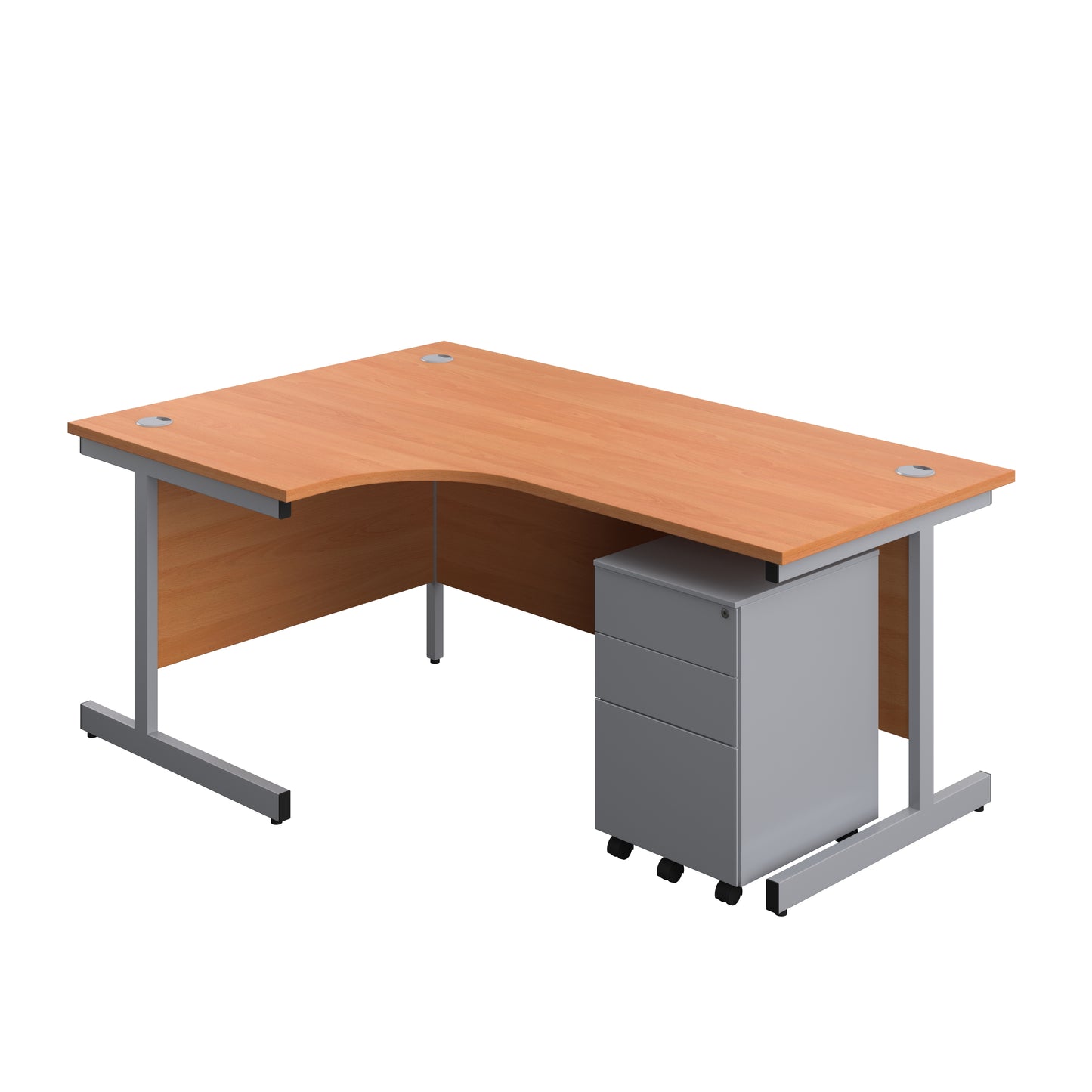 Aztec|Single Upright|Left Hand|Radial Desk with Under Desk Steel Pedestal 3 Drawer|1800x1200|Beech-Silver