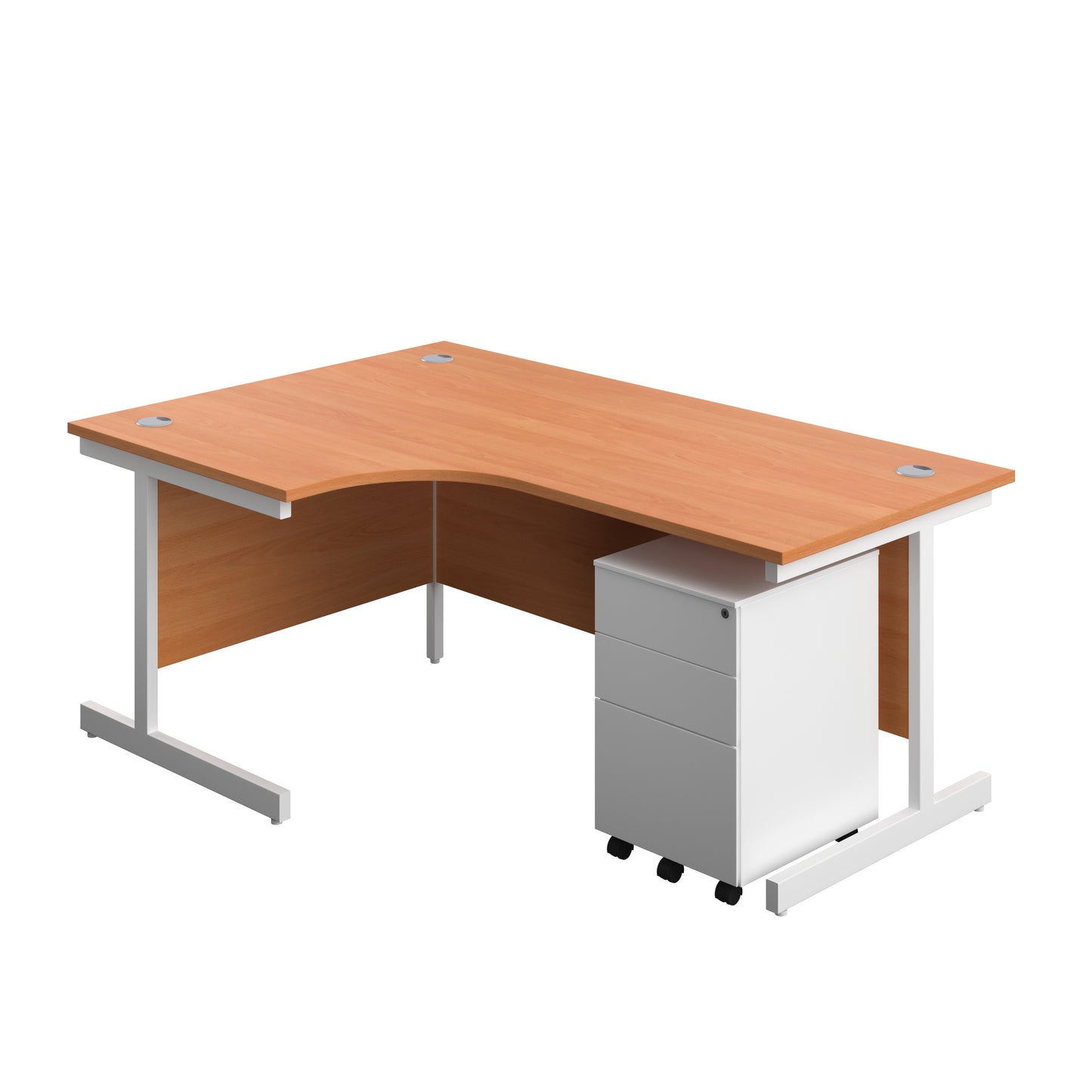 Aztec|Single Upright|Left Hand|Radial Desk with Under Desk Steel Pedestal 3 Drawer|1800x1200|Beech-White
